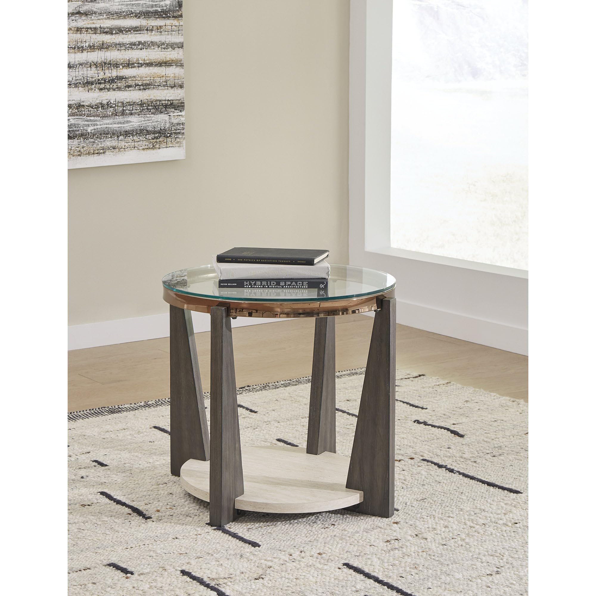 Tavolino Rotondo Signature Design By Ashley Frazwa Con Piano In Vetro, Gambe Legno E Base Oro