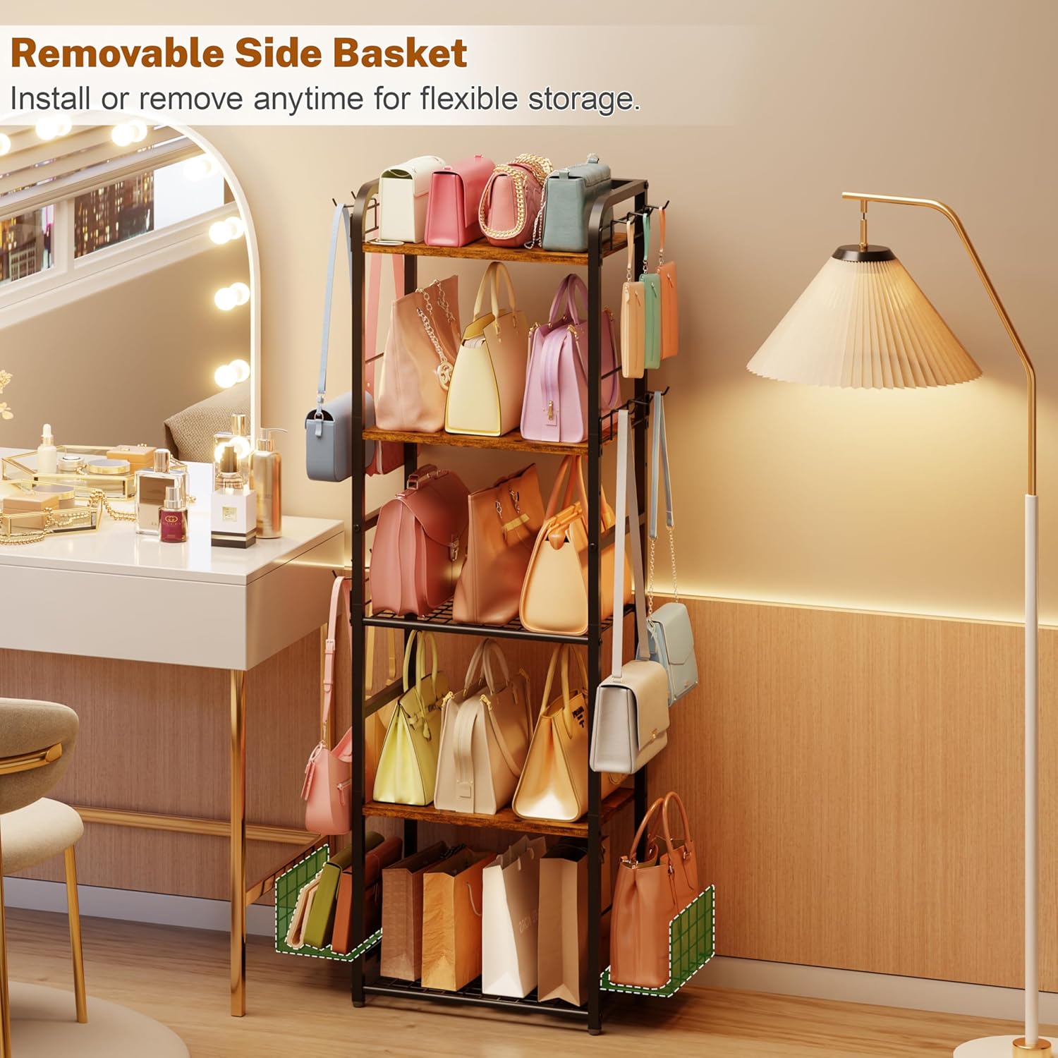 Tall 5-Tier Purse Organizer for Closet, Purse Rack Stand for Purse Storage, Metal & Wood Handbag Organizer with 4 Side Hooks and 2 Baskets, Space-Saving Narrow Purse Shelf for Small Space, Bedroom