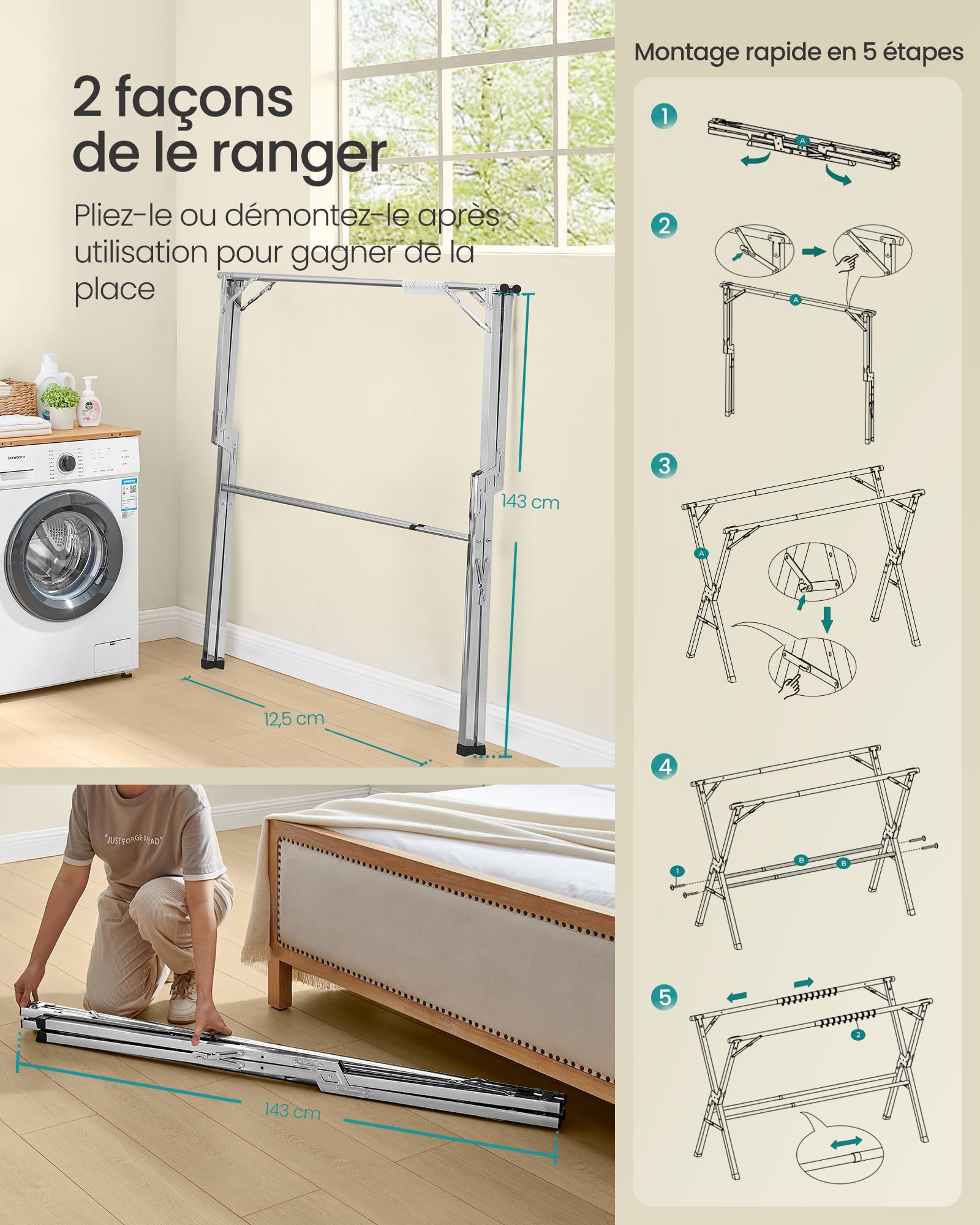 SONGMICS Étendoir à Linge Pliable, Séchoir à Linge sur Pied, Robuste, en Acier Inoxydable, pour Intérieur et Extérieur, Gris Tourterelle, Extensible de 143 à 238 cm LLR903E01