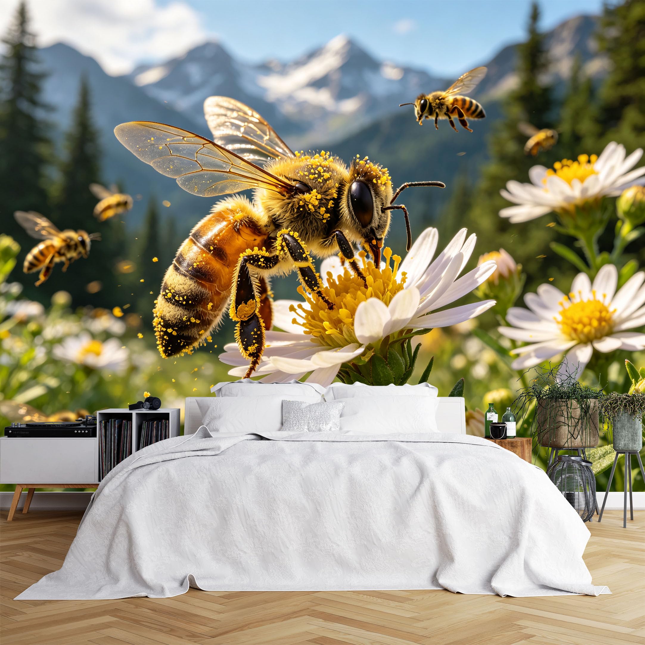 Lcythiazole Ch260615124 Custom Size Wall Murals Honey Bee Daisy Mountain Meadow View Wall Murals Realistic Wildlife Wallpaper Large Photo Wallpaper Self-Adhesive Removable Wallpaper For Living Room
