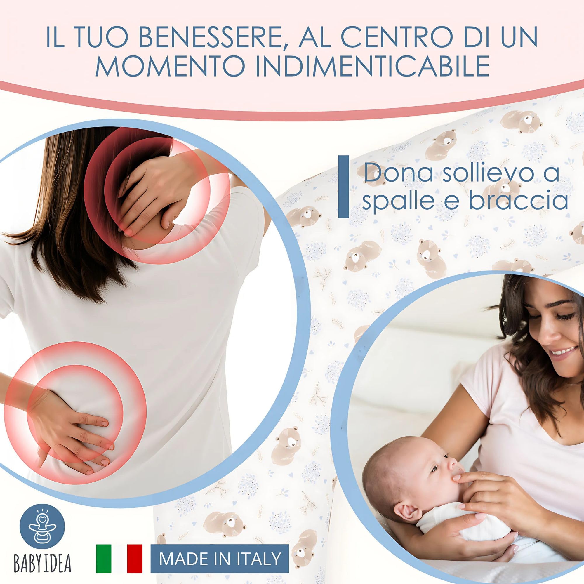 baby idea - Babysanity Cuscino Gravidanza per Dormire e Allattamento – Supporto per Neonato - Forma Ergonomica XXL - Federa Sfoderabile e Lavabile 100% Cotone – Made in Italy (Orsetto Azzurro)