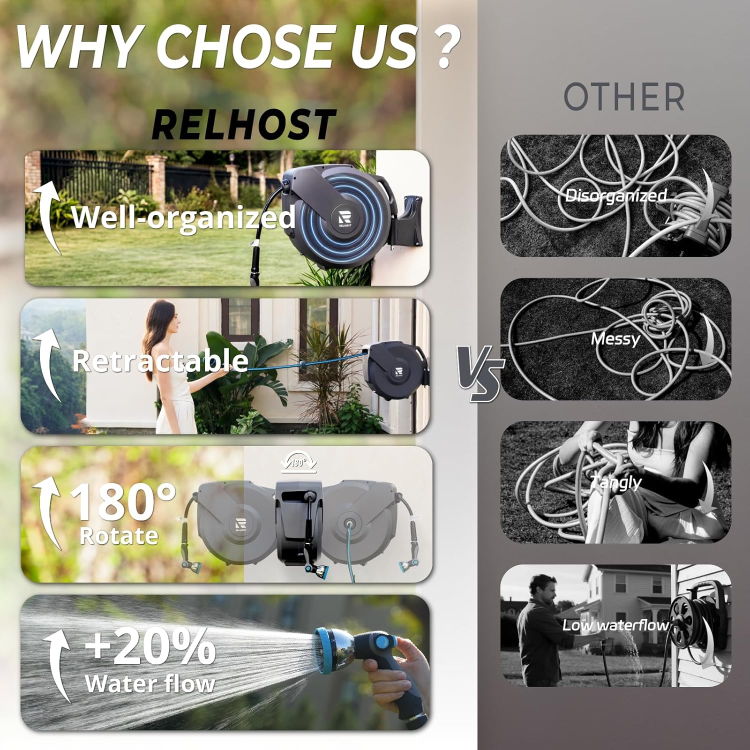 Retractable Garden Hose Reel, 1/2 in x 150 ft Wall Mount Heavy Duty Hose Reel with Any-Length Lock, Auto Rewind System, 180° Swivel Bracket, and 10-Pattern Nozzle for Garden, Dark Grey