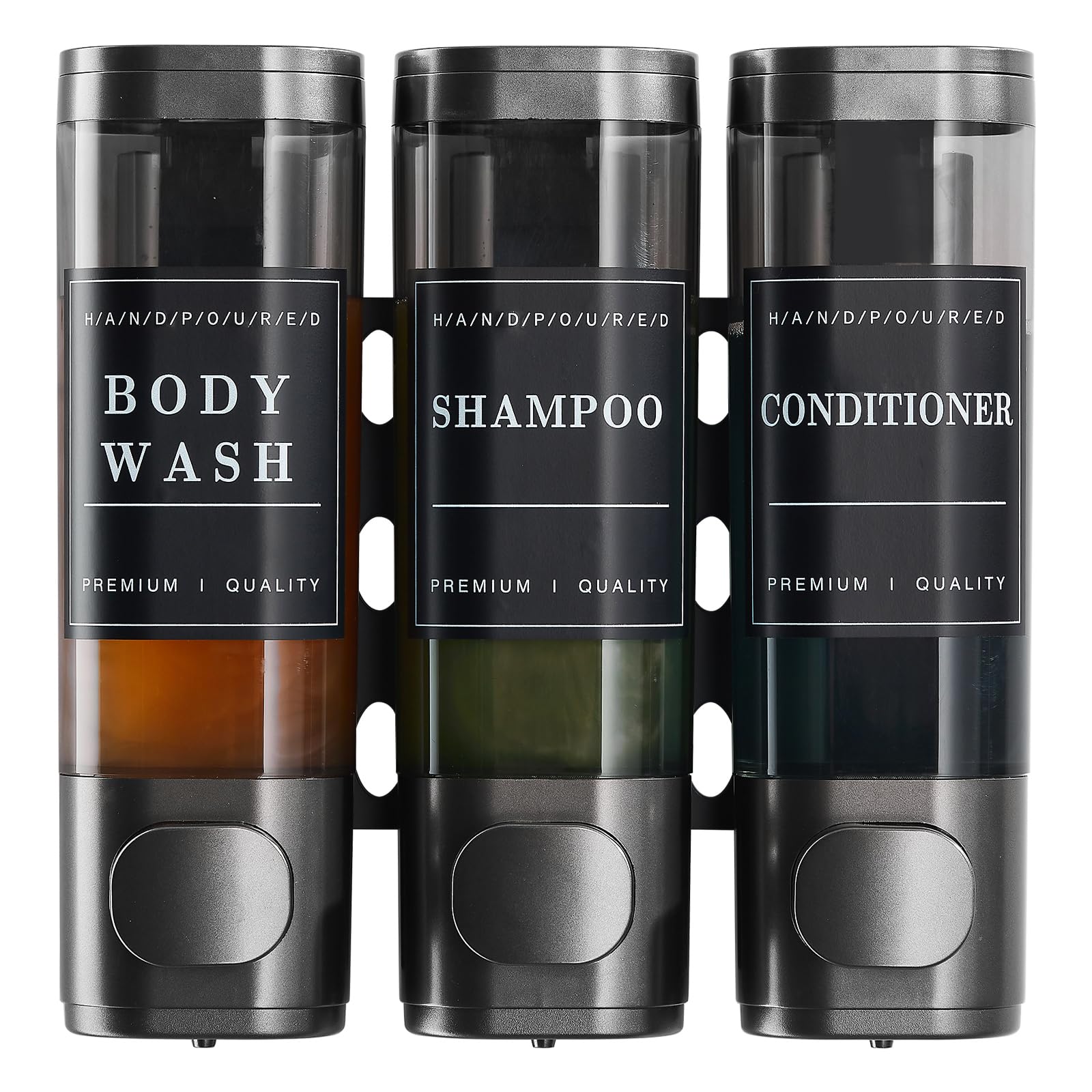 Shampoo- und Spülungsspender, Duschspender, 3 Kammern, kein Bohren, Wandmontage, Duschseifenspender für Badezimmer, Hotel, 3 x 300 ml, Pistolengrau