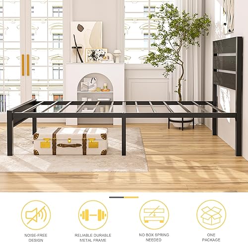 Miniatura 7 de VECELO Marco de cama individual con cabecera y pie de cama de madera, base de colchón de plataforma, soporte de listones de metal resistente, no se