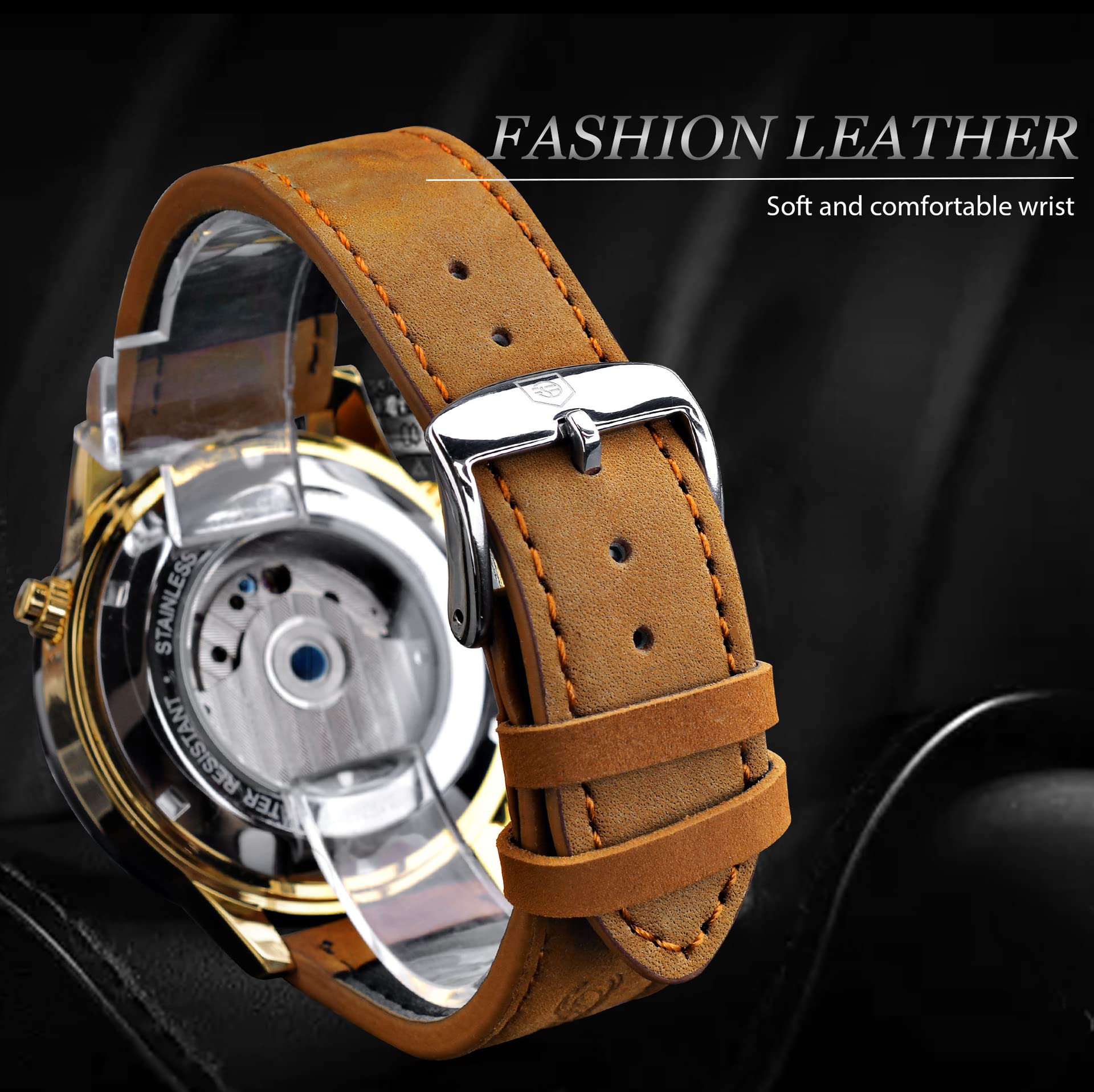 Forsining Herren-Armbanduhr, mechanisch, automatisch, Tourbillon, leuchtende Zeiger, analog, Datum, Luxus, Freizeit, Business, echtes Lederband, blau, Riemen