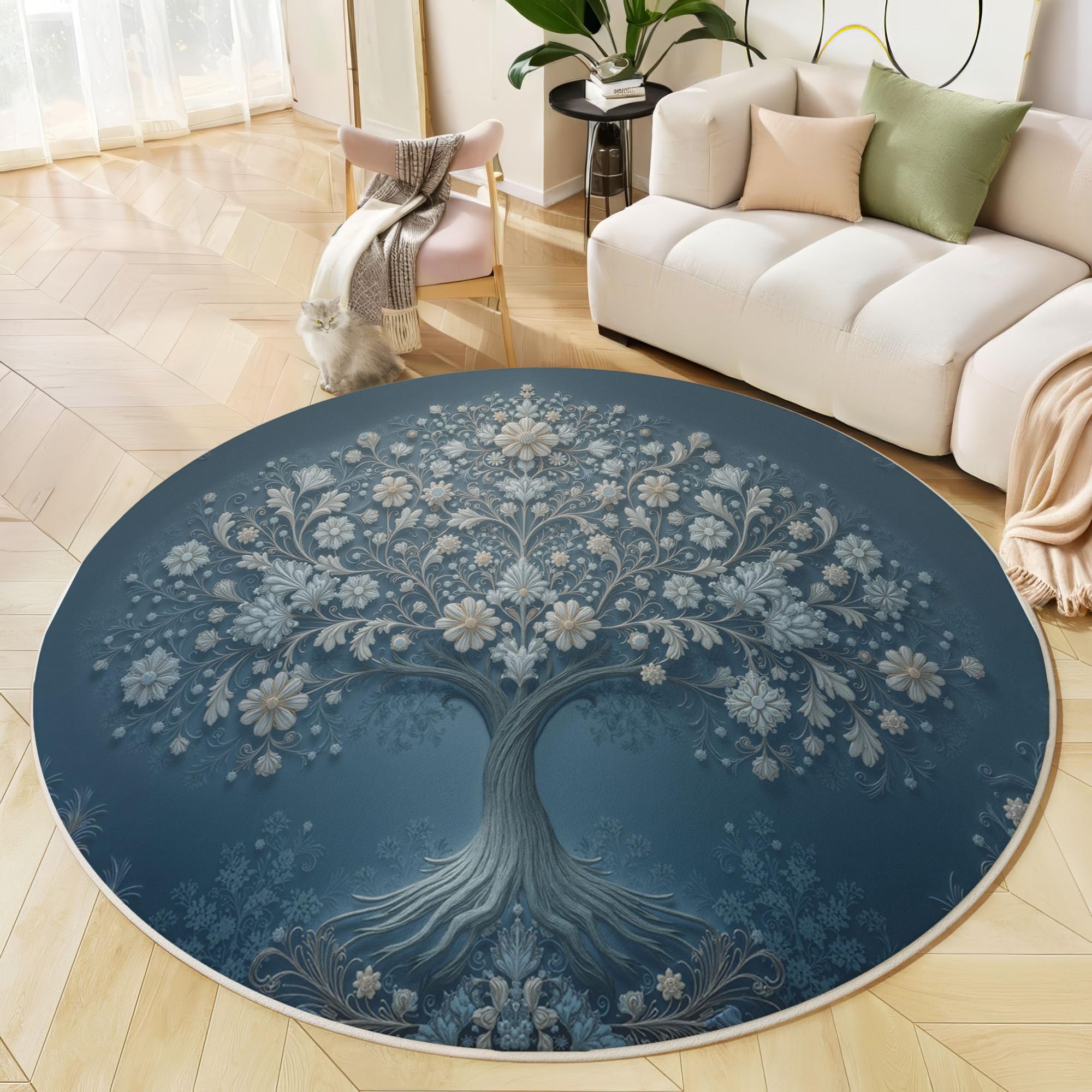 Tapis bleu foncé rond 160 cm lavable et antidérapant pour sécuriser l'entrée de la maison