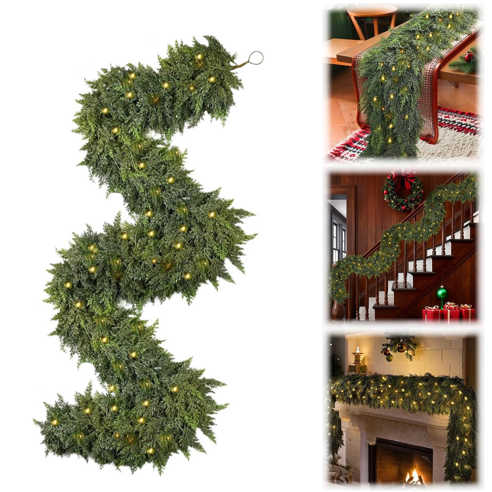 Christmas Garland 9ft Real Touch Realistic Christmas Cedar Garland with 70 LED, Christmas Decorations for Table, Mantle, Wall
