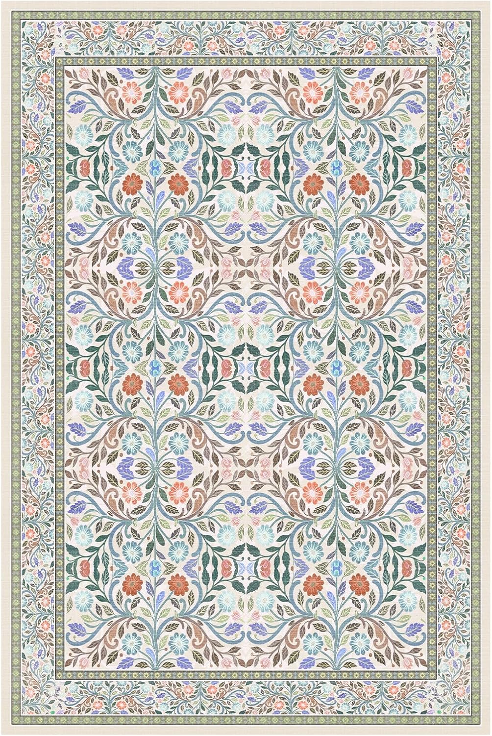 Area Rugs 4x6, Washable Rugs for Living Room Non Slip Boho Rug for Bedroom Ultra-Thin Beige Vintage Floral Rug Indoor Kitchen, Dining Room, Nursery, Office Small Mat