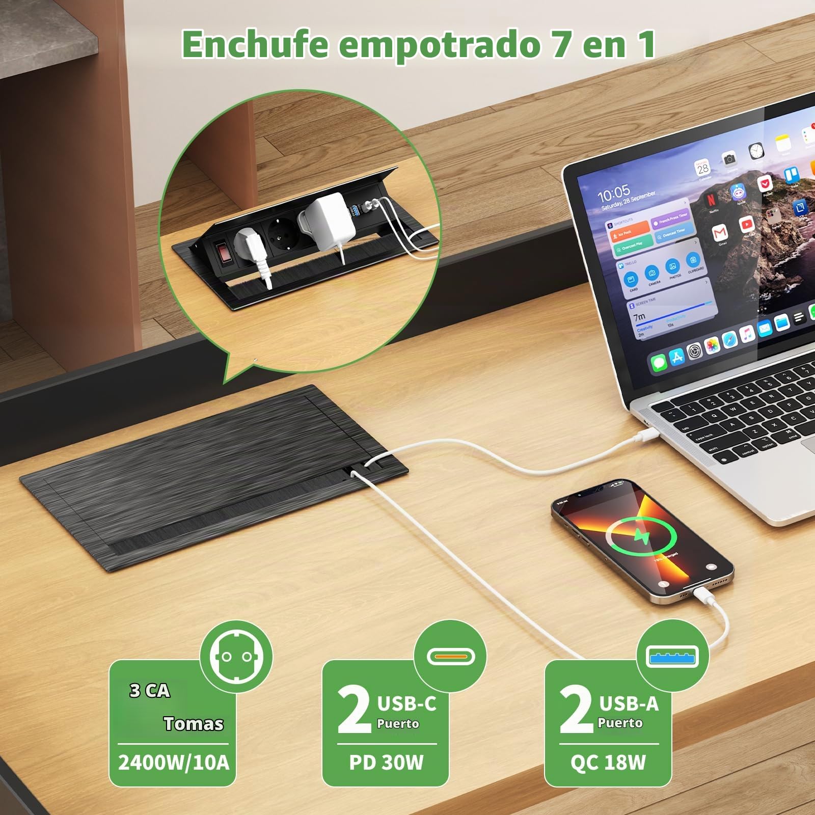 Enchufes Empotrable Mesa con USB C PD 30W, Regleta Retractil 3 Enchufes con 4 USB, Toma Empotrable Escritorio para Encimera, Cocina, Oficina, Cable de 1,8 m, Negro