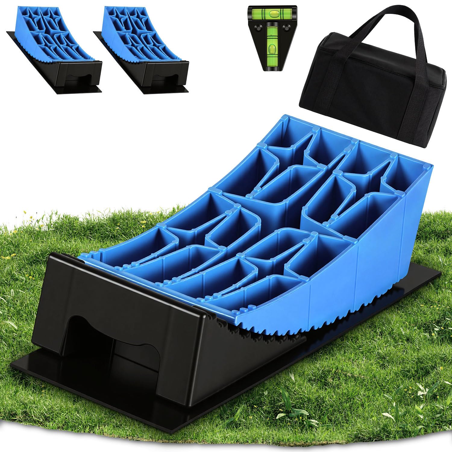 Lot de 2 cales de levage pour camping-car 13,5 t - 8 niveaux de compensation de hauteur de 2 à 10 cm - Double système antidérapant en polyéthylène haute densité - Avec tapis en caoutchouc et niveau à