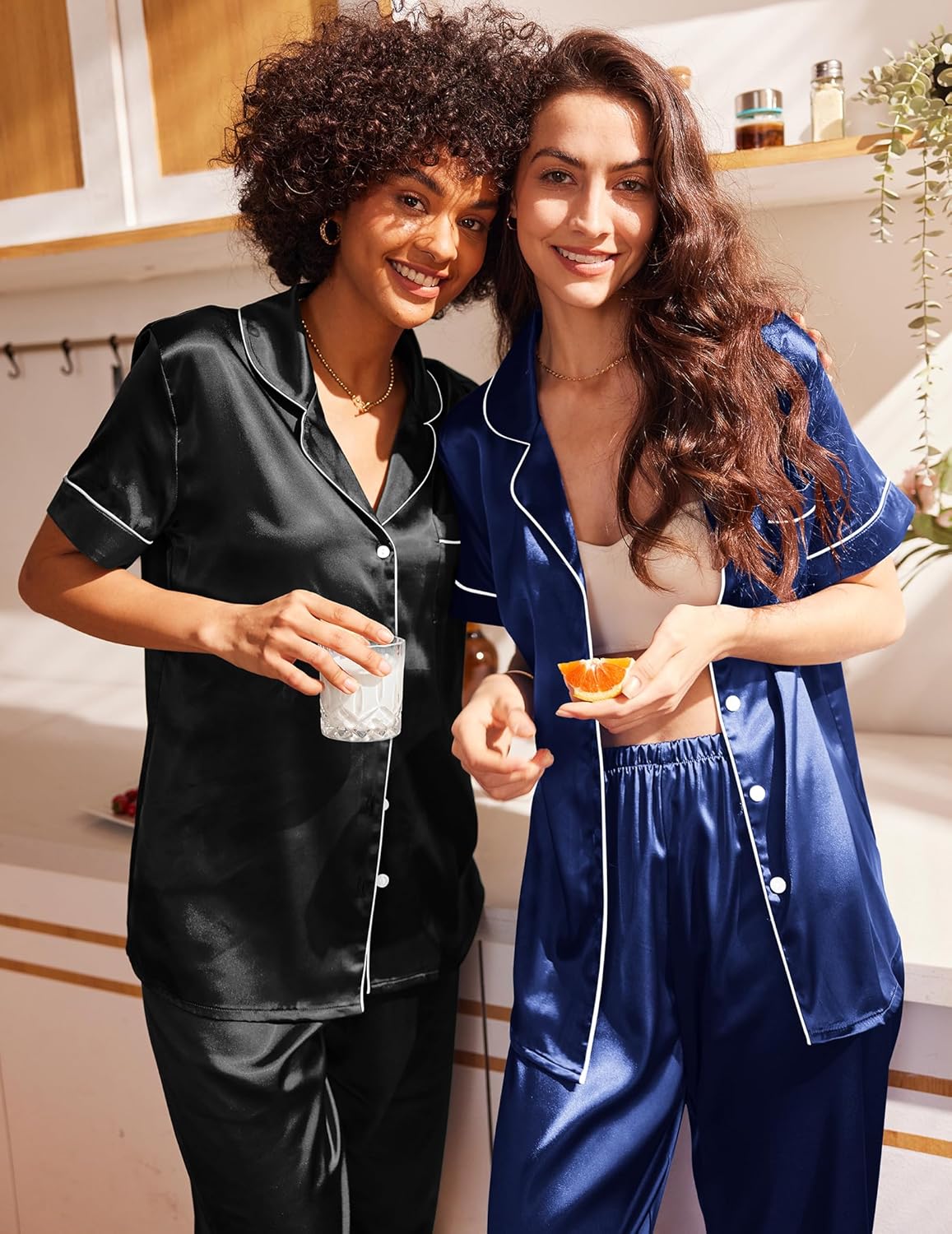 Ekouaer Satin Pajamas Set Women Short Sleeve Sleepwear Soft Button Down Loungewear Pjs Set - Image 2