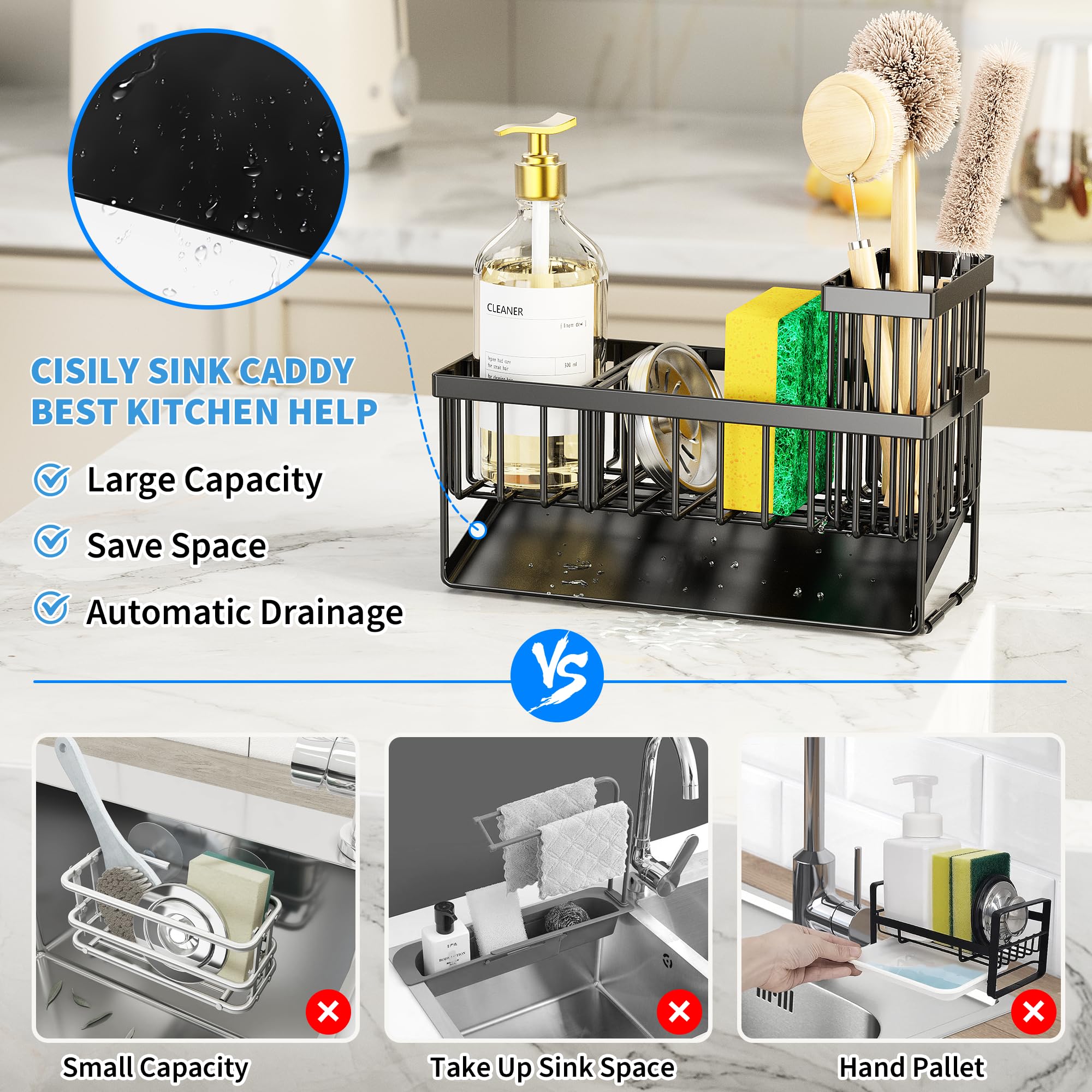Cisily Portaspugna Per Lavello Da Cucina In Acciaio Inox 304: Organizer Multifunzione Con Ventose E Adesivo, Antiruggine