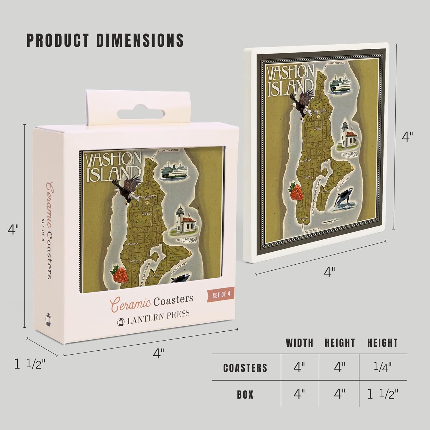 Lantern Press Vashon Island, Washington, Map (Absorbent Ceramic Coasters Set of 4 Matching Images, Cork Back, Kitchen Table Decor)