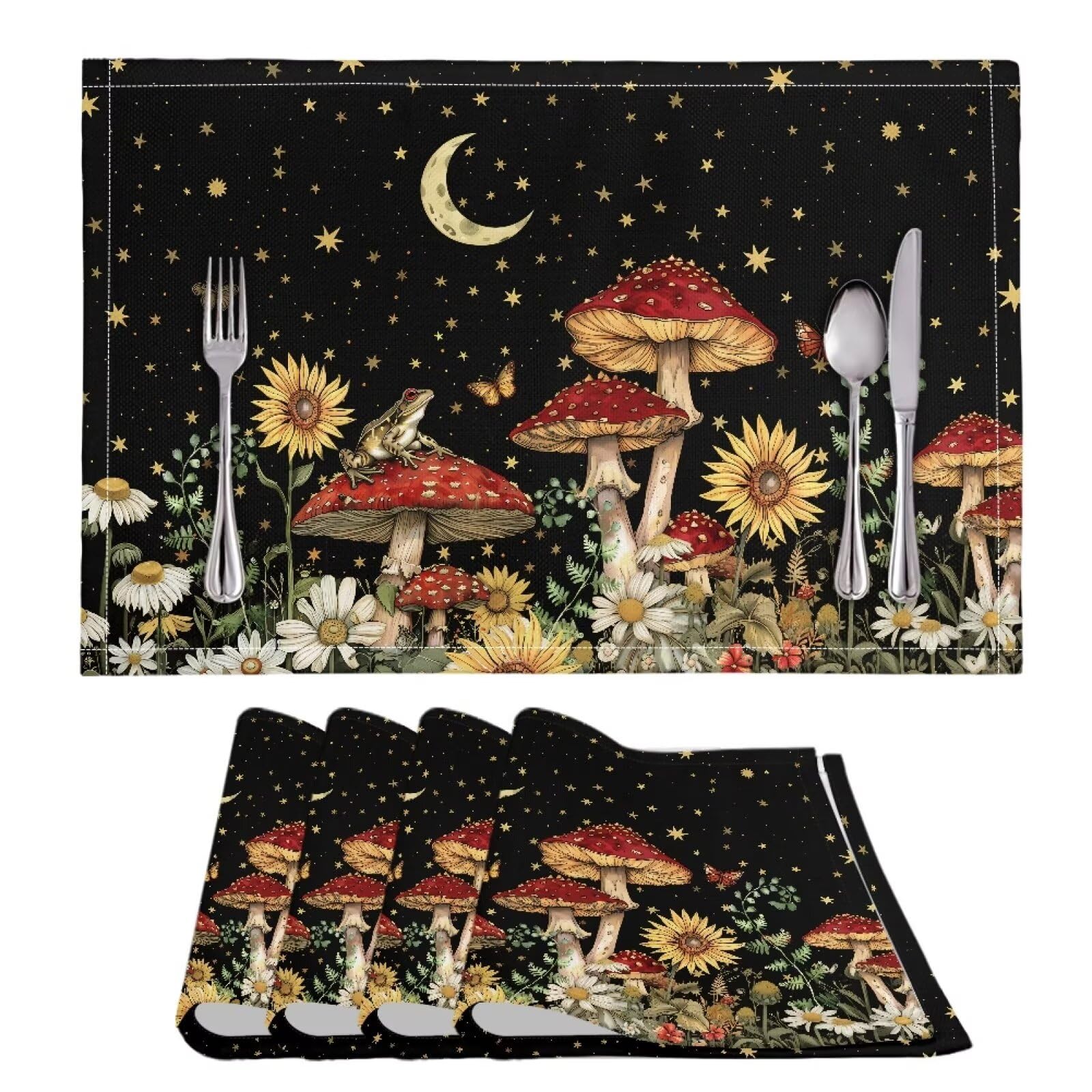 Urndoeng Place Mats,Mushroom Placemats Set,Table Mats Set of 4,Dining Table Set,Table Placemats,Mushroom Kitchen Mat,Mushroom Sunfloral Print 4pc