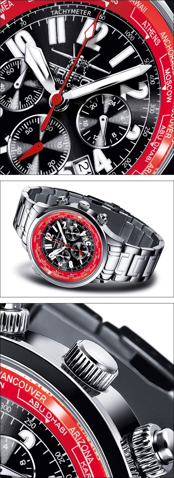FIREFOX WORLDTIMER FFS40-105 schwarz/rot Weltzeitanzeige Chronograph Herrenuhr Armbanduhr Sicherheitsfaltschließe massiv Edelstahl wasserdicht Miyota OS20 Werk