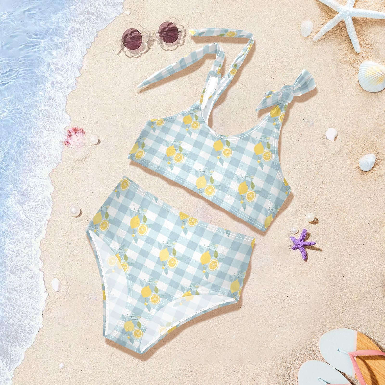 Lemon Light Blue and White Plaid Girls 2-Piece Tankini Swimsuit, Girls Bikini Swimsuits Summer Beach Bathing Suit Set, 5-6T