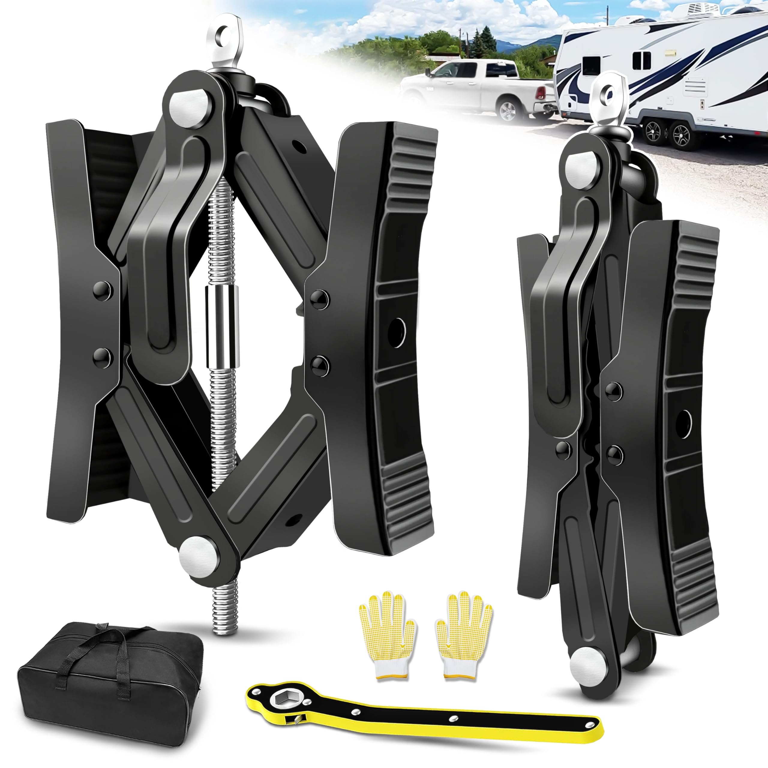 Stabilizzatore per cuneo per camper, confezione da 2 pezzi, per rimorchi da viaggio per camper, stabilizzatore per ruote, resistente e anti-spostamento, con cricchetto, presa esagonale