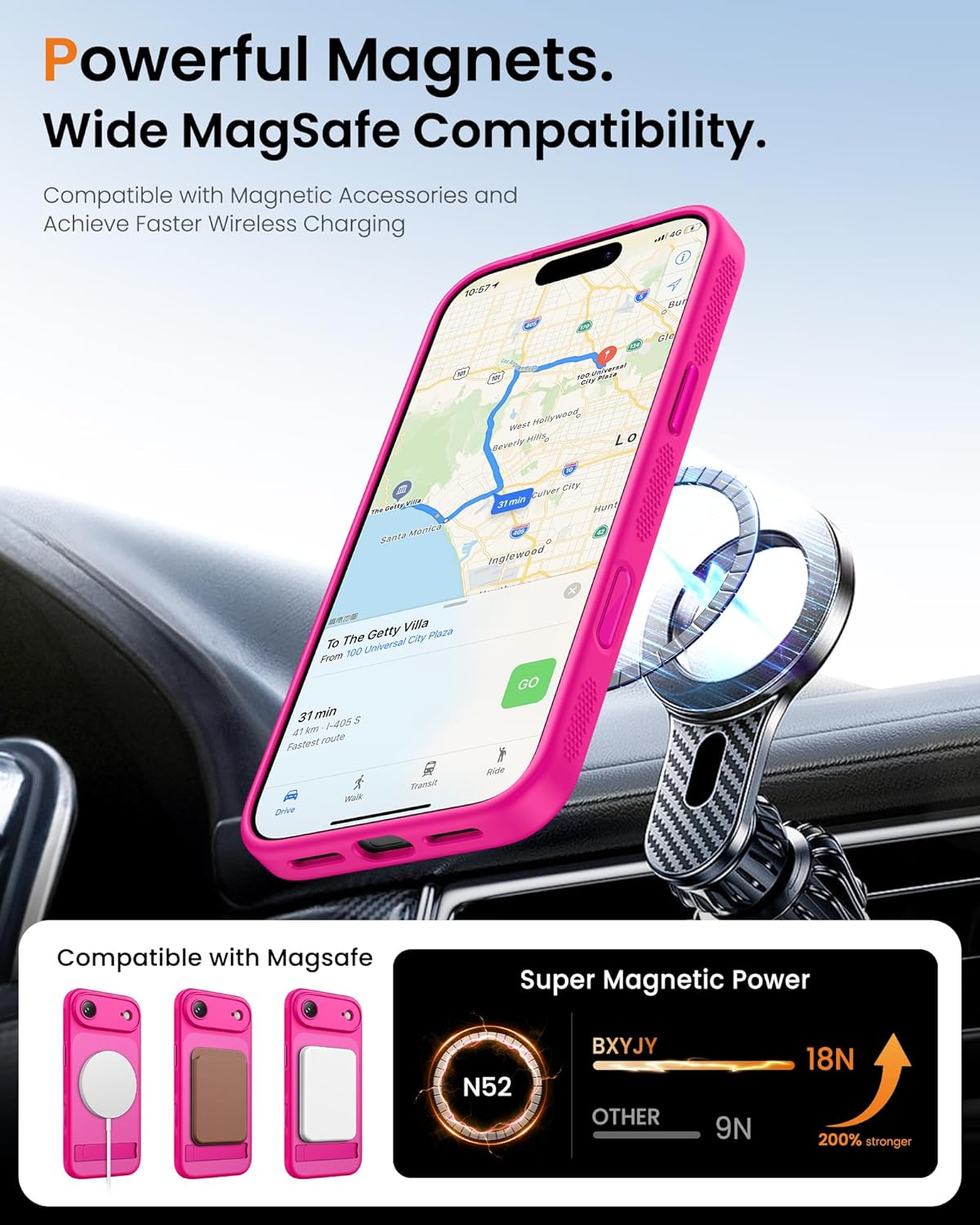 for iPhone Air Magnetic Stand Case with Gold Magnetic Wallet, Camera Control Button, Full Lens Protection, Compatible with MagSafe, Military Grade Case for iPhone Air, Hot Pink