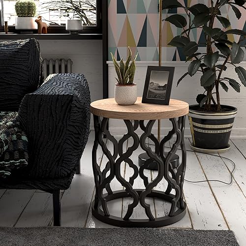 Farmhouse End Table, Distressed Wood Top Side Table with Curved Motif Frame Base for Modern, Rustic, Round, Black