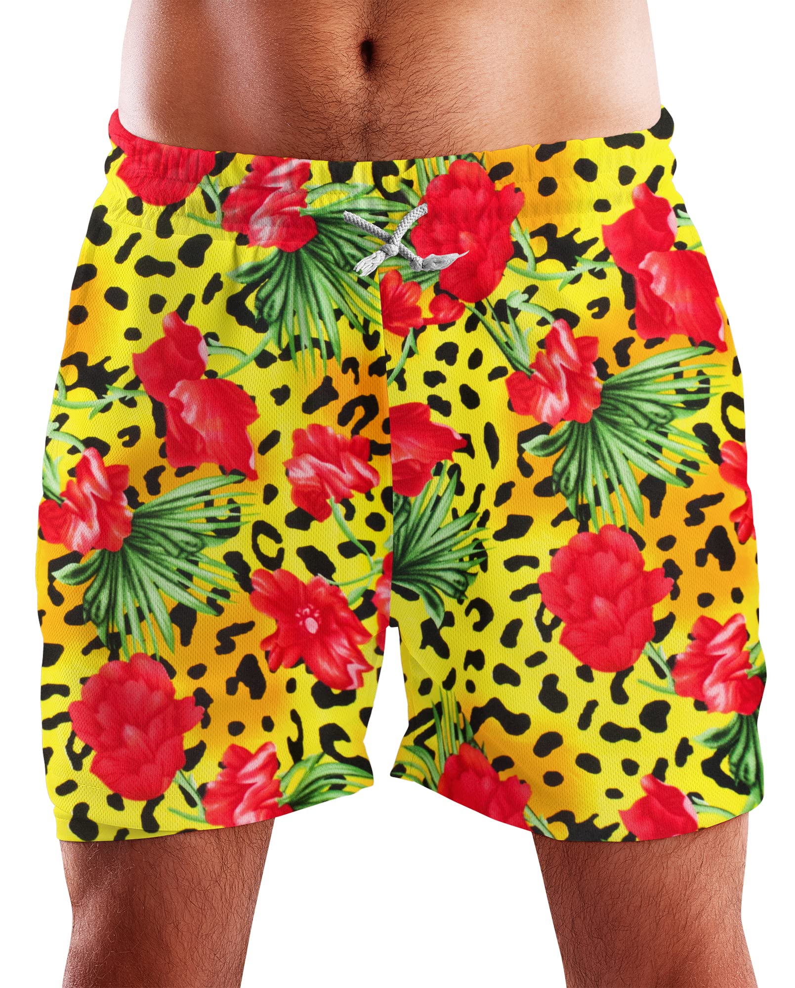 King Kameha Funky Hawaiian Board-Shorts Trunks Swim-Pants, Leopard Flowers, Yellow, L