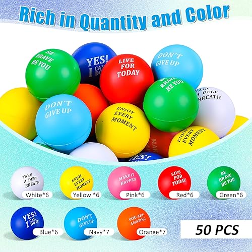 Miniatura 9 de Paquete de 50 bolas inspiradoras coloridas para el estrés de 2.5 pulgadas, con texto en inglés "Thank You for Being Amazing Squeeze Balls" (Gracias