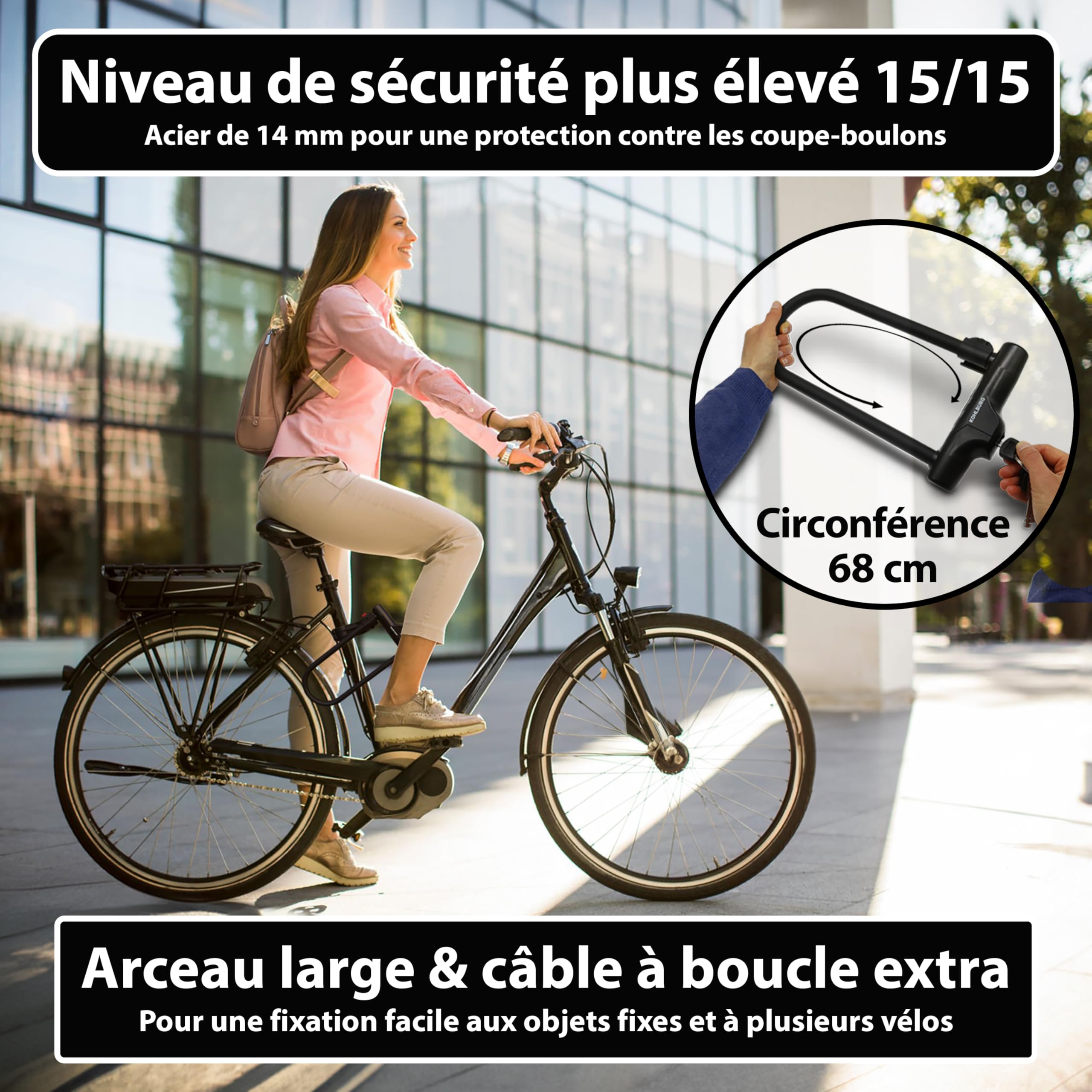KOHLBURG Antivol en U, FUB 2 Roues - Avec Câble de 170 cm, 4 clés, support | Sold Secure Diamond, Sécurité maximale 15/15, Grand format pour vélo électrique & bicyclette, Serrure vélo et U‑Lock Bike