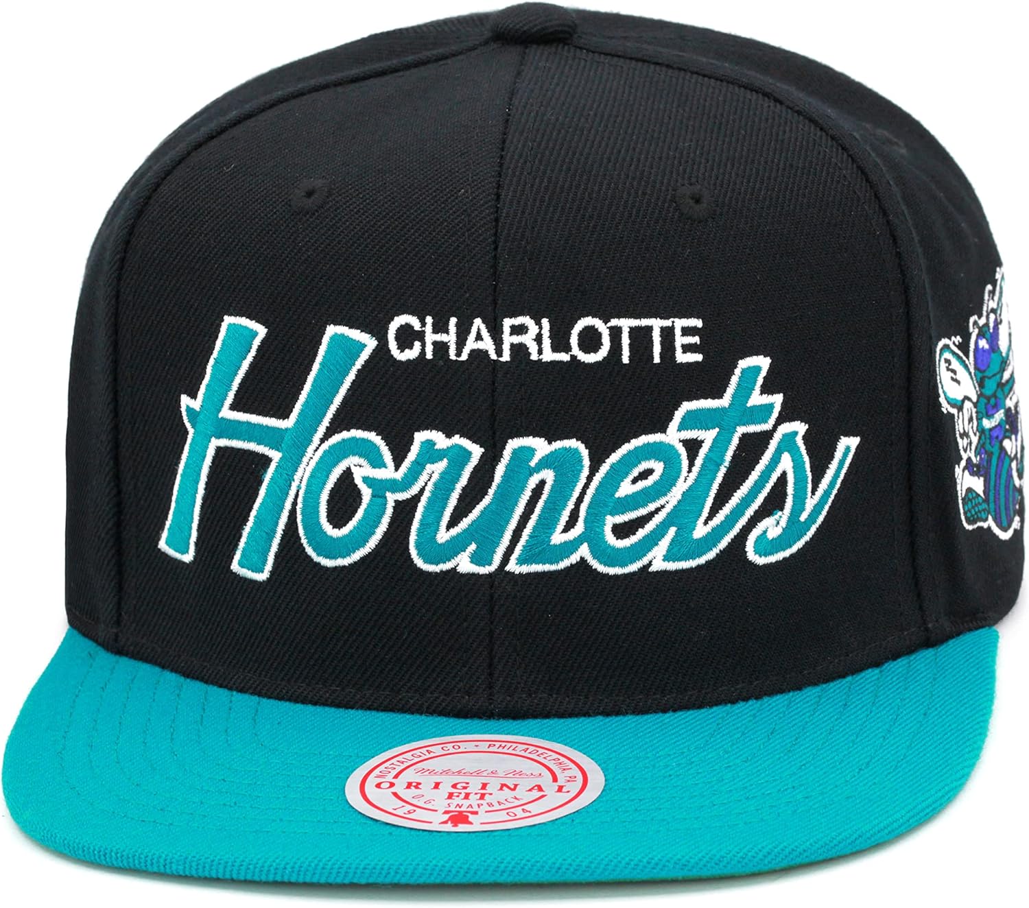 Mitchell & Ness Charlotte Hornets Team Script 2.0 Snapback Hat Adjustable Cap - Black/Teal/Hardwood Classics