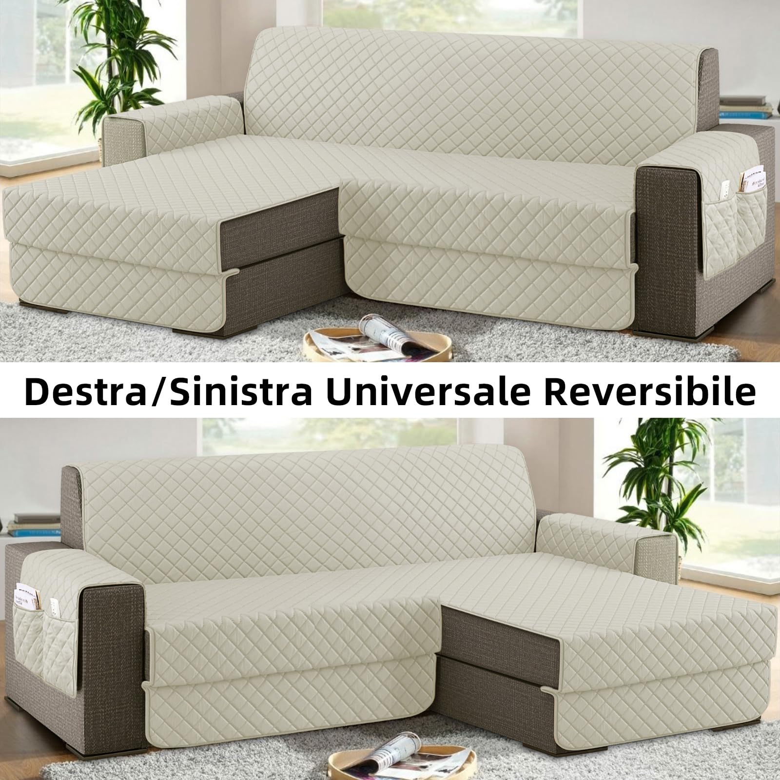 Copridivano con Penisola 2 Posti (L 200 CM) Destra/Sinistra Universale Reversibile Impermeabile, Copridivano Chaise longue Antigraffio, Copridivano Angolare con Tasche Portaoggetti - Bianco Crema