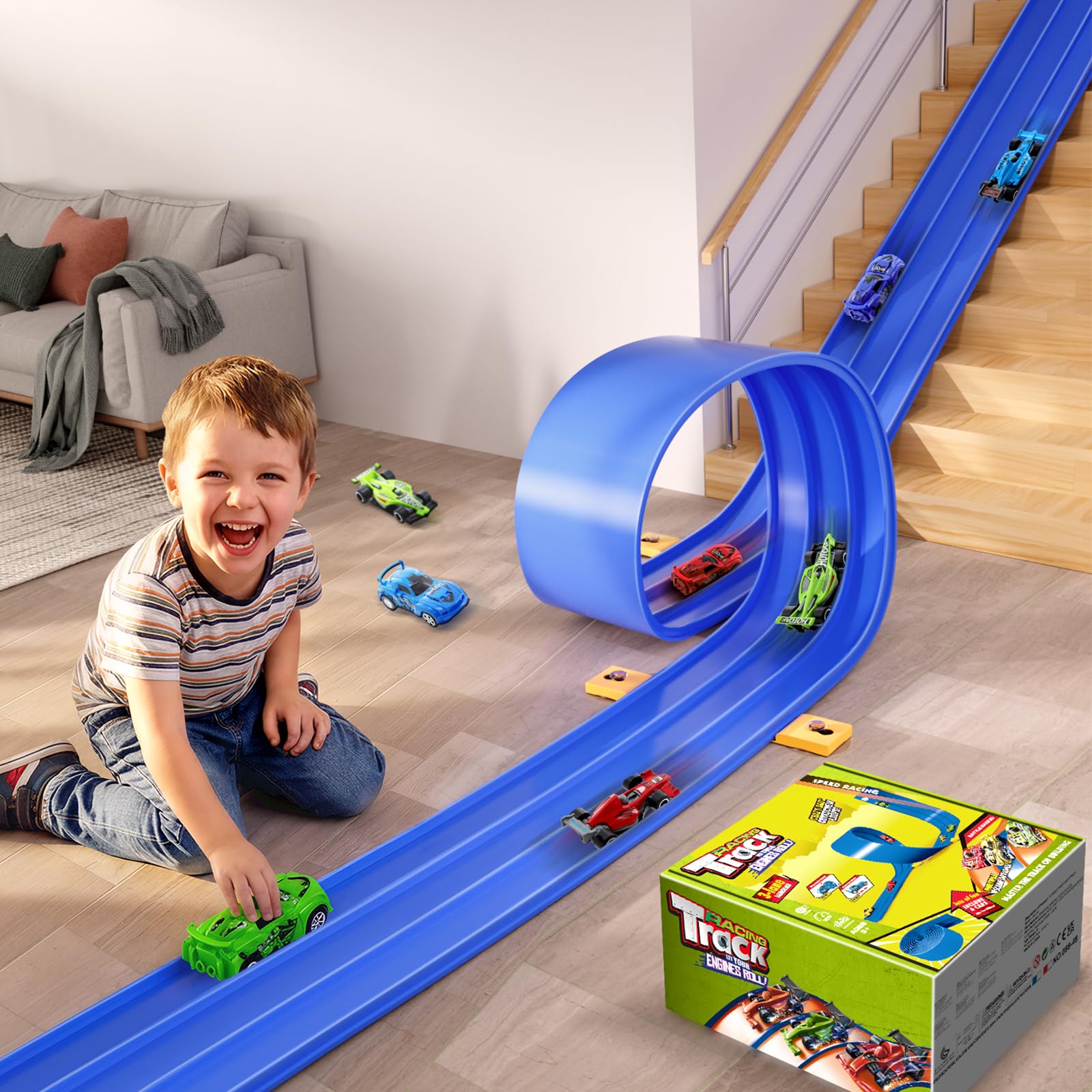 Set di giocattoli flessibili a 3 corsie - Pista fai da te da 16,4 m con forti ventose, pista portatile arrotolabile per bambini compatibile con auto pressofuse 1/64
