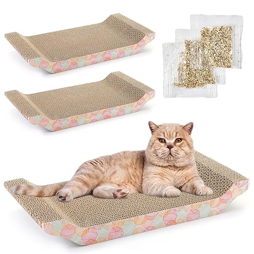 3-Pack Cat Scratcher Bed for Furniture Protection, Training, Indoor Kittens, Reversible Corrugated Cardboard, Modern Sofa Scratching Pad with 3 Catnip Bags (16x8x2.5 In)