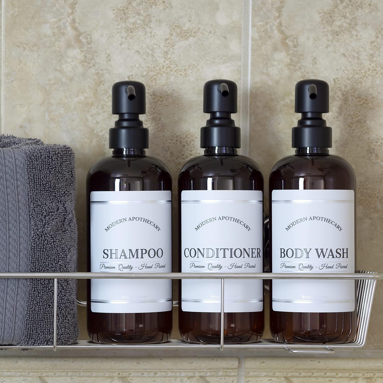 Amber Refillable Shampoo and Conditioner Bottles - Body Wash, Shampoo and Conditioner Dispenser - PET Plastic Shampoo Bottles Refillable with Pump - Waterproof Labels - 16 oz, 3 Pack (Black Satin)