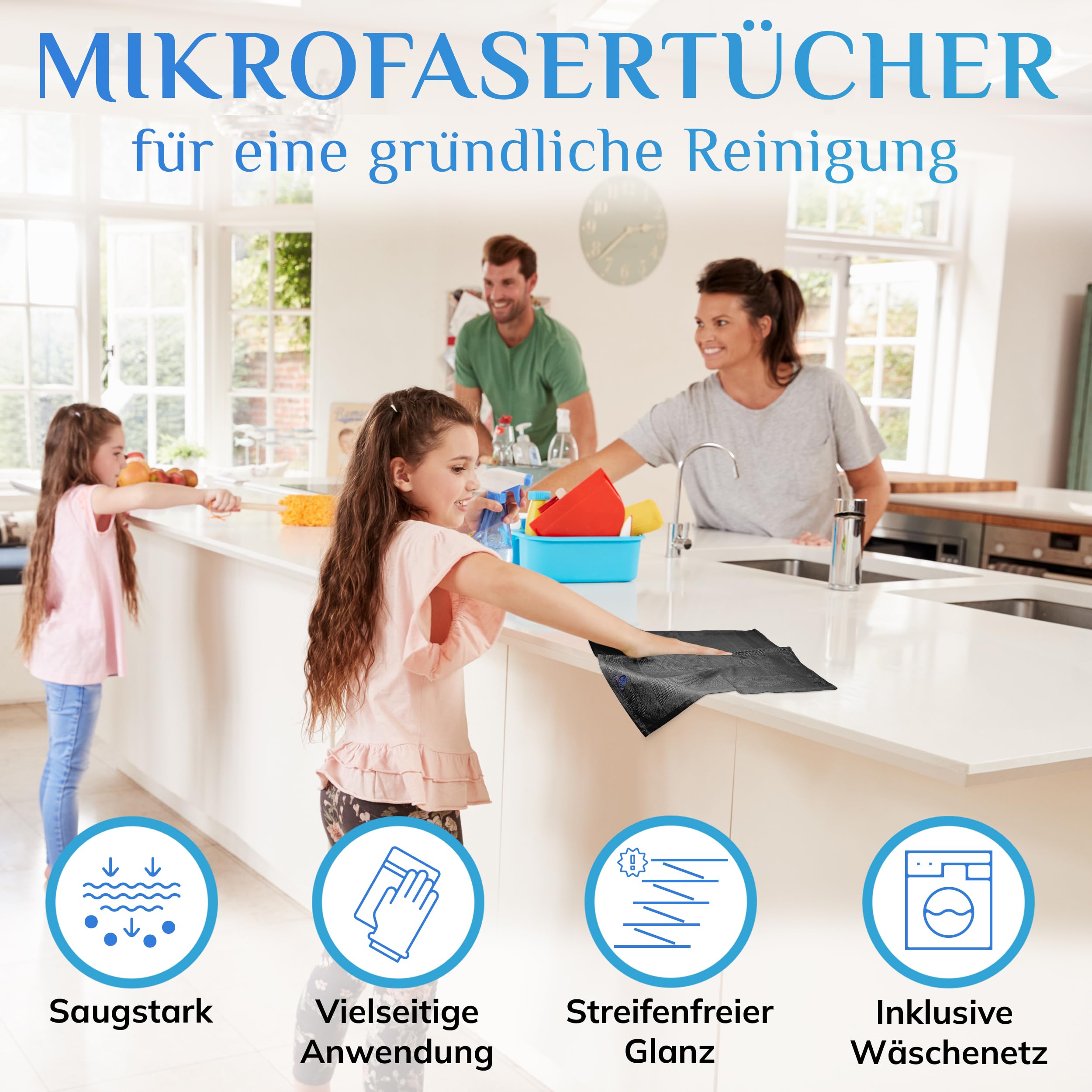 Mikrofasertücher 60x40 Set - Premium Geschirrtücher Mikrofaser, Streifenfreie Fenstertücher, Hochglanzfronten Tücher, Glastücher und Auto Microfasertücher