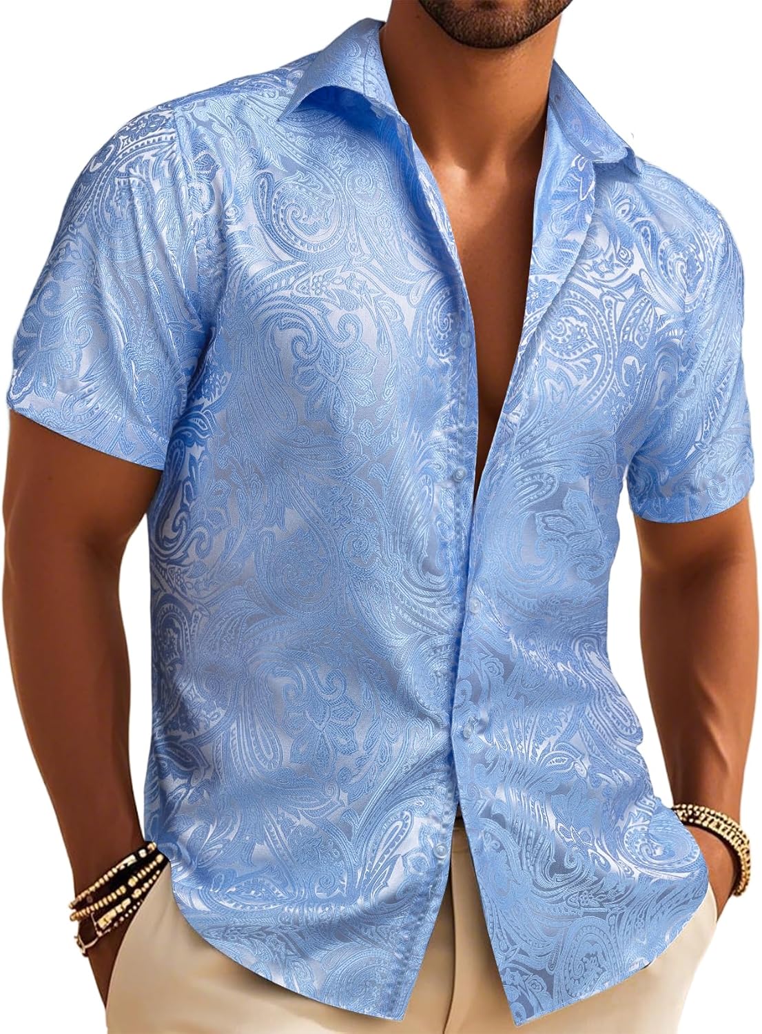 Barry.Wang Mens Paisley Shirt Dress Disco Short Sleeve Button Down Hawaiian Shirts Casual Western Summer Beach Party Vacation