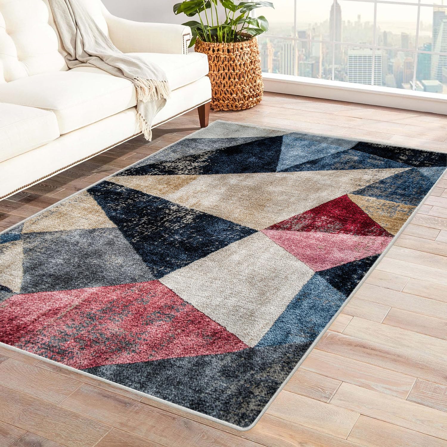 Kurzflor Teppiche Abstrakter Patchwork-Druck Teppich Wohnzimmer, Teppich Schlafzimmer, Teppiche, Deko Home.(blau)-180x240cm