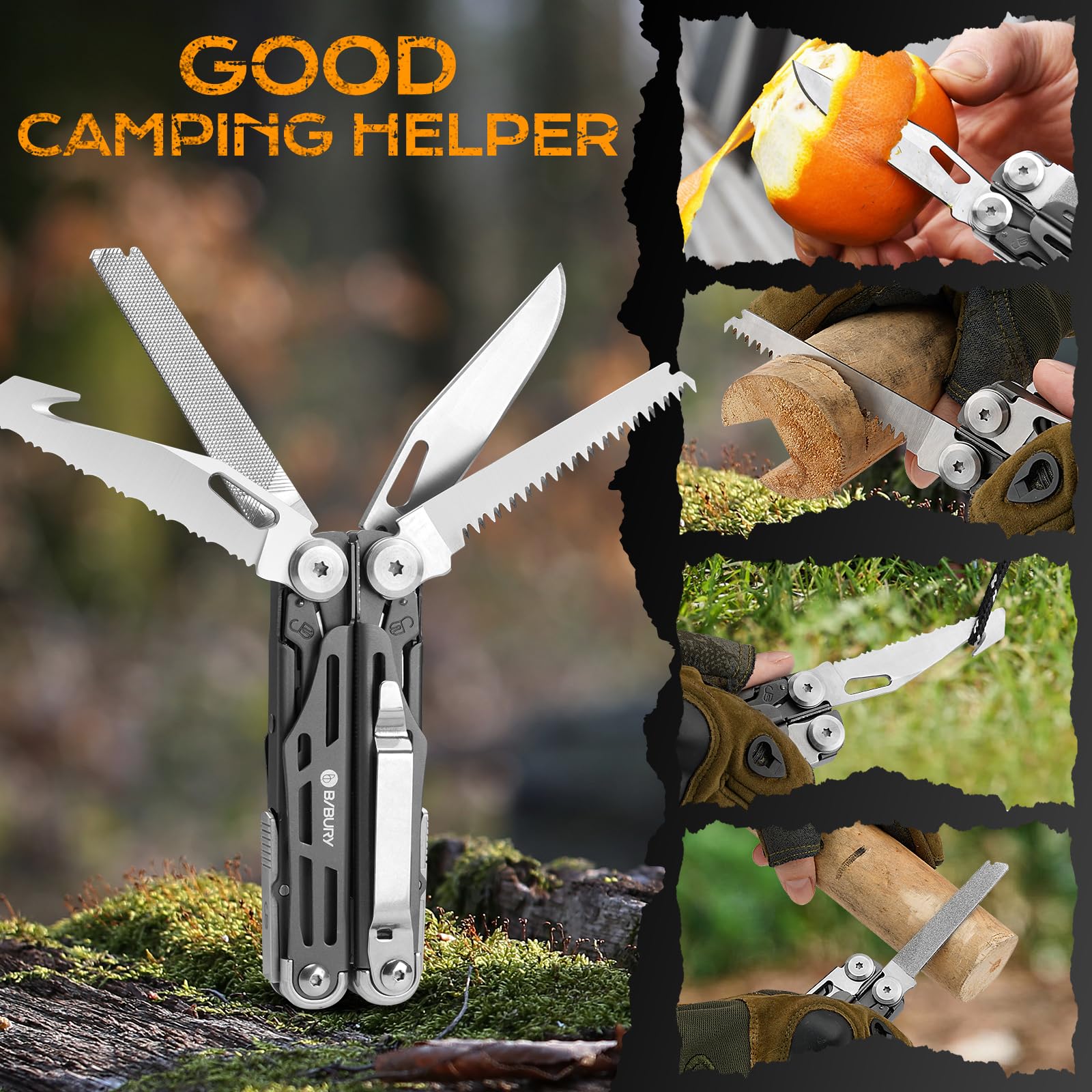 BIBURY Multiherramienta, Alicates Plegables Multiusos con Recubrimiento de Titanio, Herramienta Ideal para Acampar, Senderismo, Reparaciones - Regalo Original para Hombre, Papá, Cumpleaños - BI2038C
