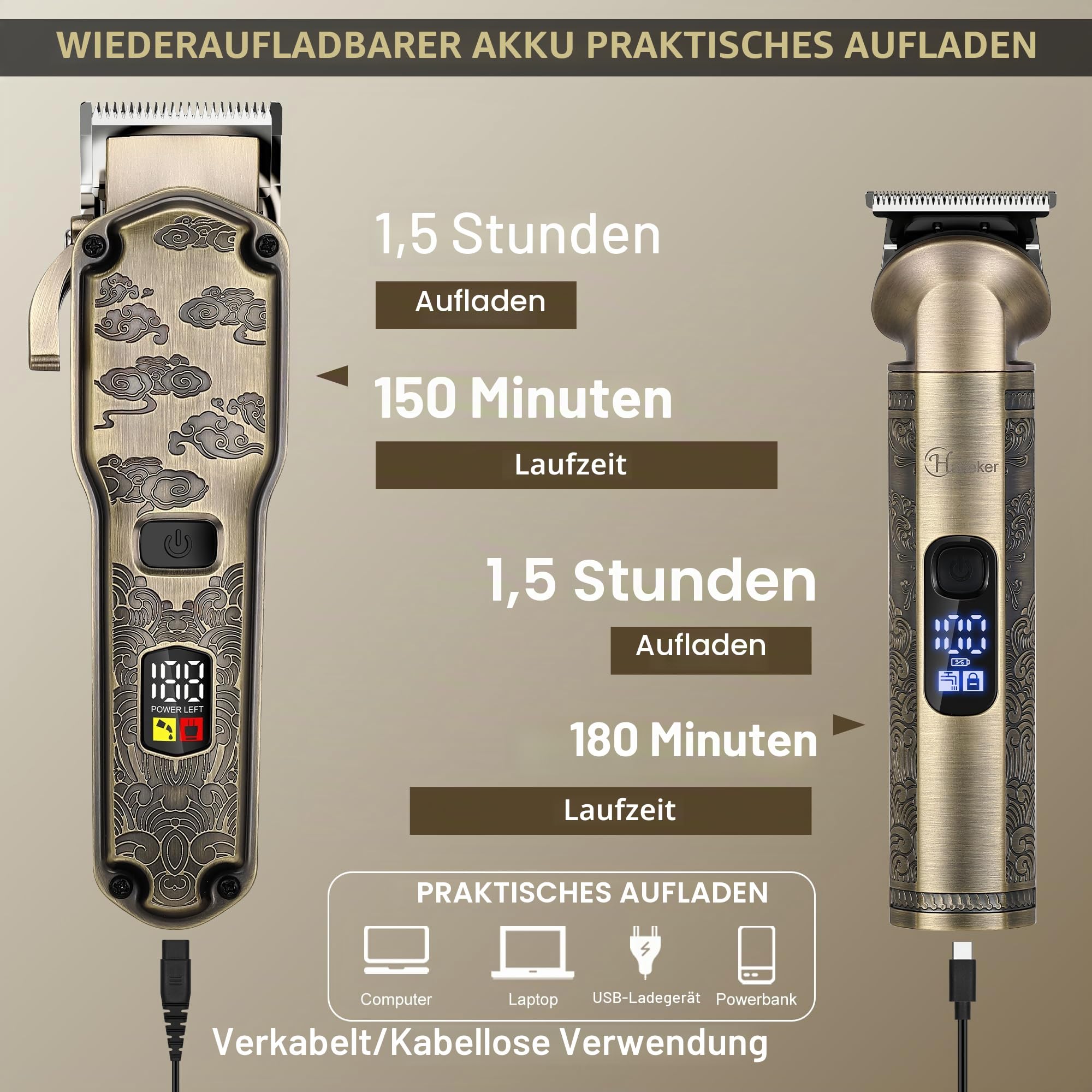 Hatteker Professionelle Haarschneidemaschine für Männer Bartschneider Schermaschine und Trimmer Set Wasserdicht T-Klinge Trimmer Schnurloses Grooming Kit Nase Körper Haarschneider Barber Clippers