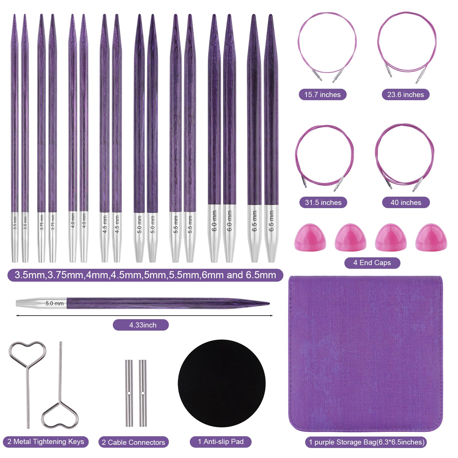 Hobekoee Austauschbares Rundstricknadel-Set | 8 Paar austauschbare Stricknadeln aus Birkenholz, 3,5 mm - 6,5 mm, mit Kabeln, Zubehör und Etui (lila)