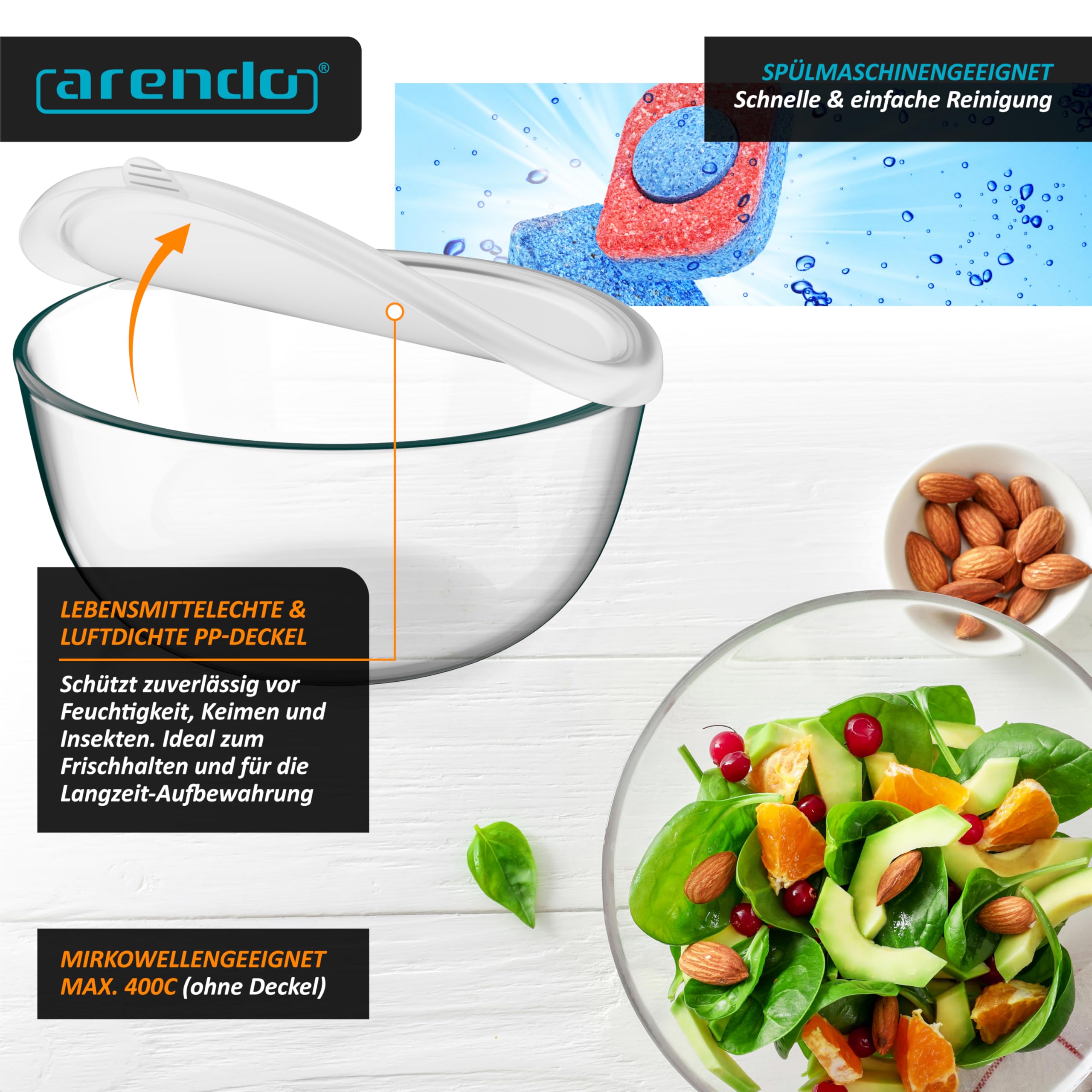 Arendo - Salatschüssel aus Glas mit Deckel - Glasschüssel 4er Set - 700ml + 1100ml + 2700ml + 4400ml – Rührschüsseln klein bis groß – Borosilikatglas - Glasschale Salatglasschale
