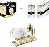 Vista 1 de Vajilla de plástico desechable con borde dorado de 225 piezas + 6 manteles rectangulares de plástico desechables de 54 x 108 pulgadas Mantel