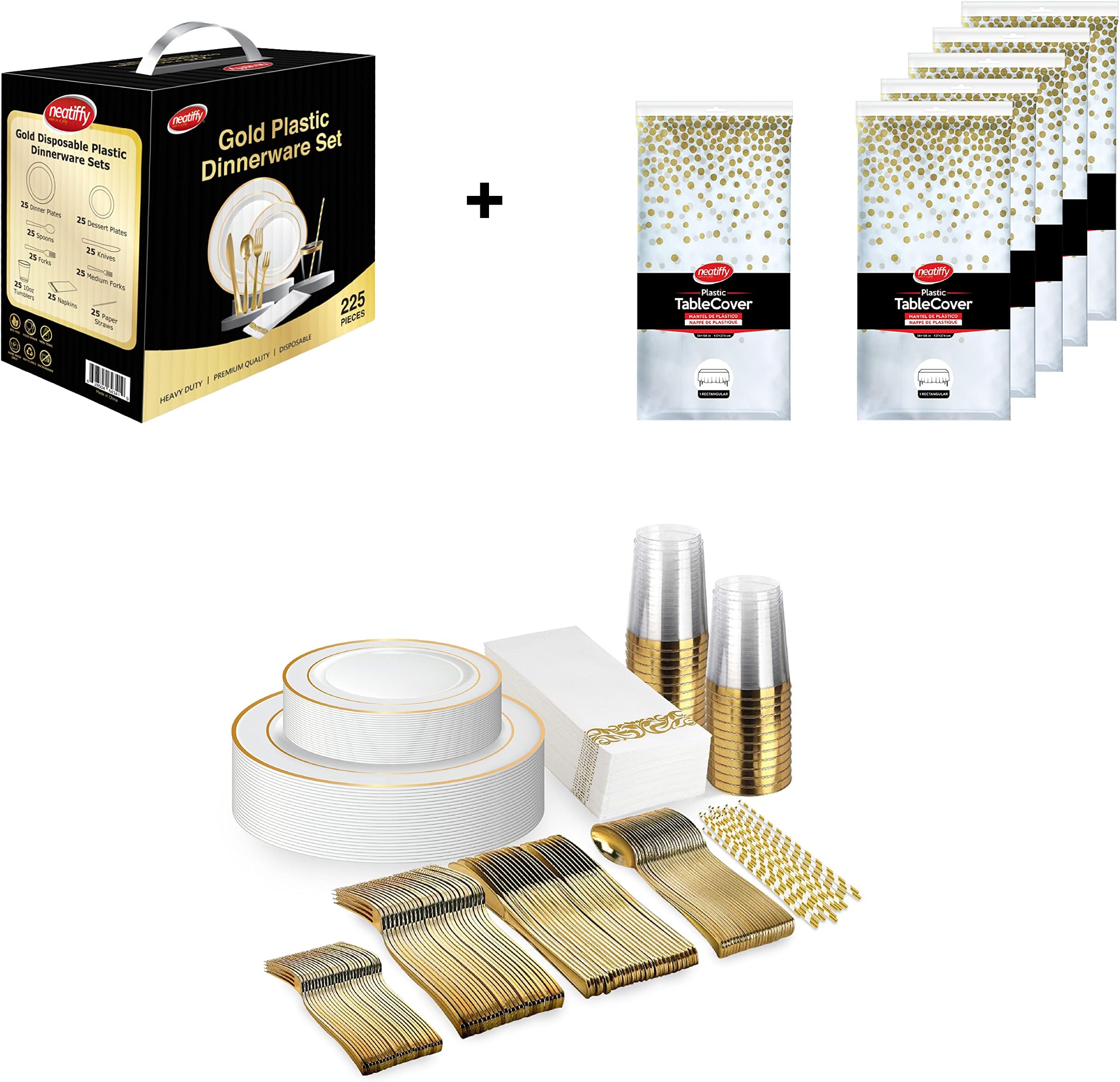 Neatiffy 225 Pcs Gold Rim Disposable Plastic Dinnerware + 6 Pack 54 in x 108 in Disposable Plastic Rectangle Tablecloth | Waterproof Table Cover for Wedding, Luxurious Party, Special Event
