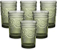 ZMOWIPDL Vintage Green Textured Flower Glass Tumblers Set of 6, 13oz Embossed Drinkware with Straws - Dishwasher Safe