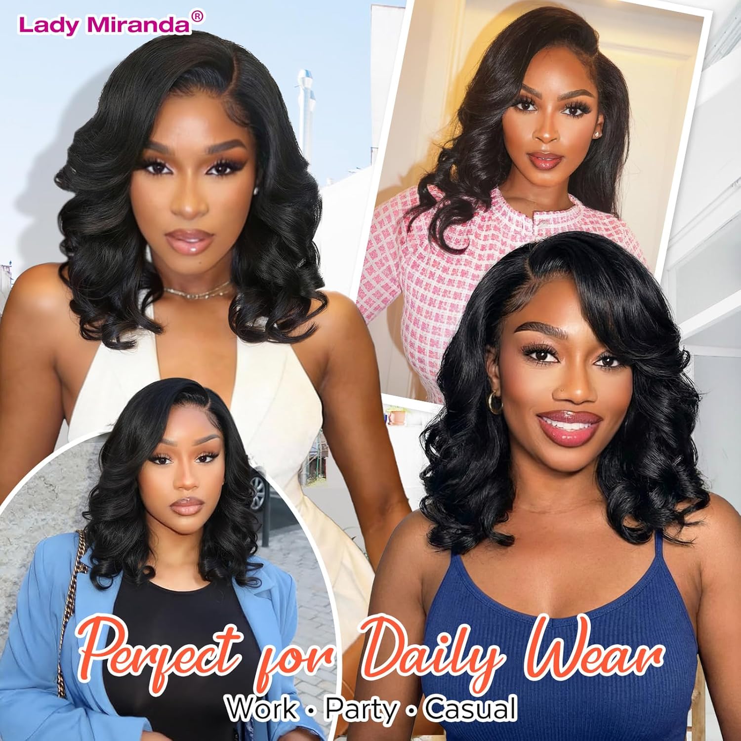 Lady Miranda Loose Wave Lace Part Wig Pure Color Nature Curly Synthetic Heat Resistant Weave Full Wigs for Women(Black)