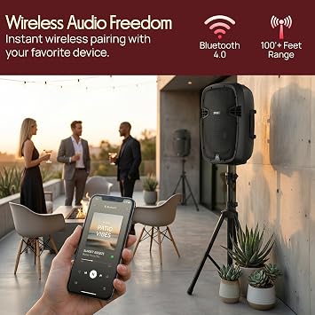 Pyle 10 Wireless Portable PA System - 1000W High Powered Bluetooth Compatible Active + Passive Pair Outdoor Sound Speakers w/USB SD MP3 AUX - 35mm Mount, 2 Stands, Microphone, Remote - PPHP1049KT