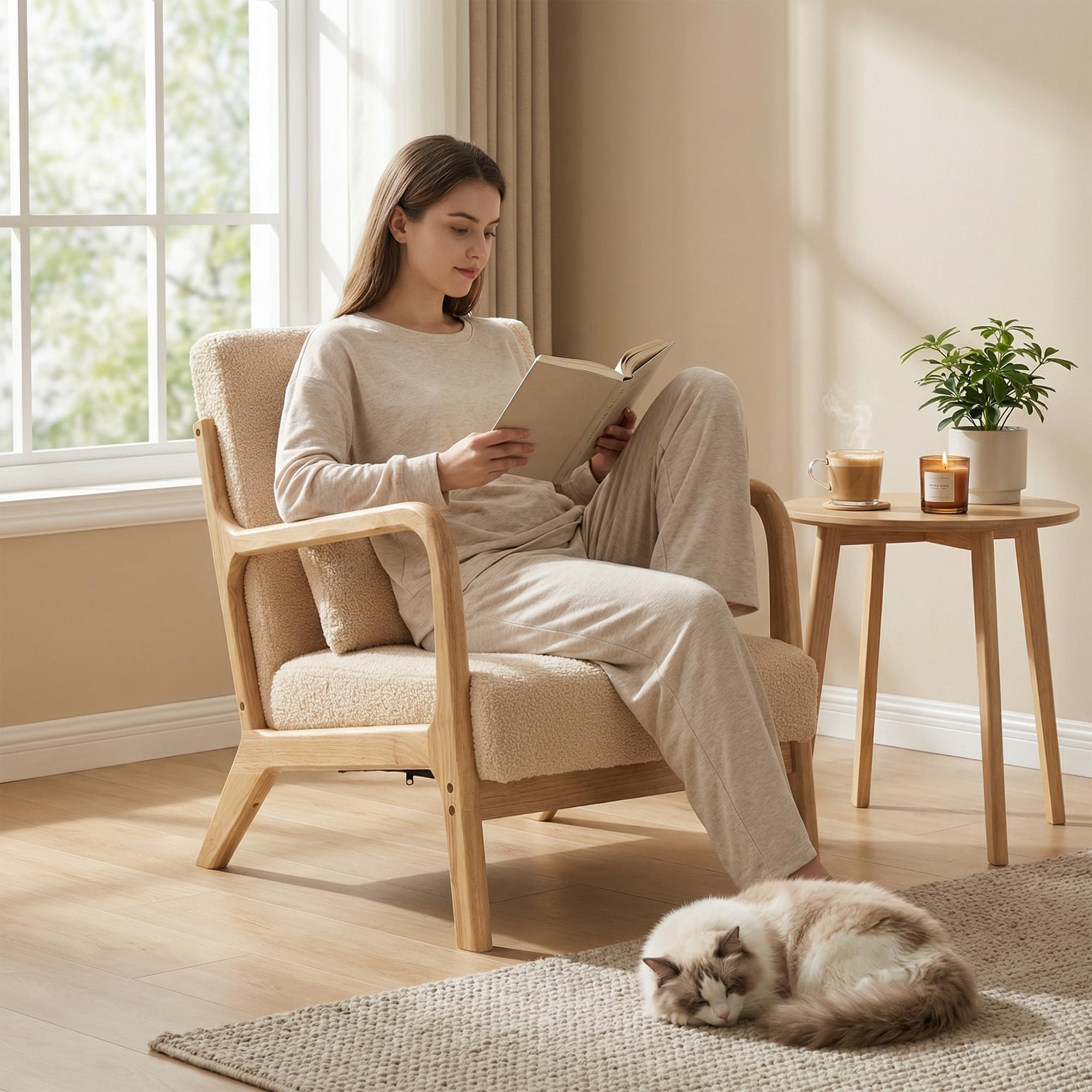 HOMCOM Fauteuil de Salon avec Cadre en Bois Massif Fauteuil Lounge - Assise Profonde - accoudoirs - Aspect Velours Beige