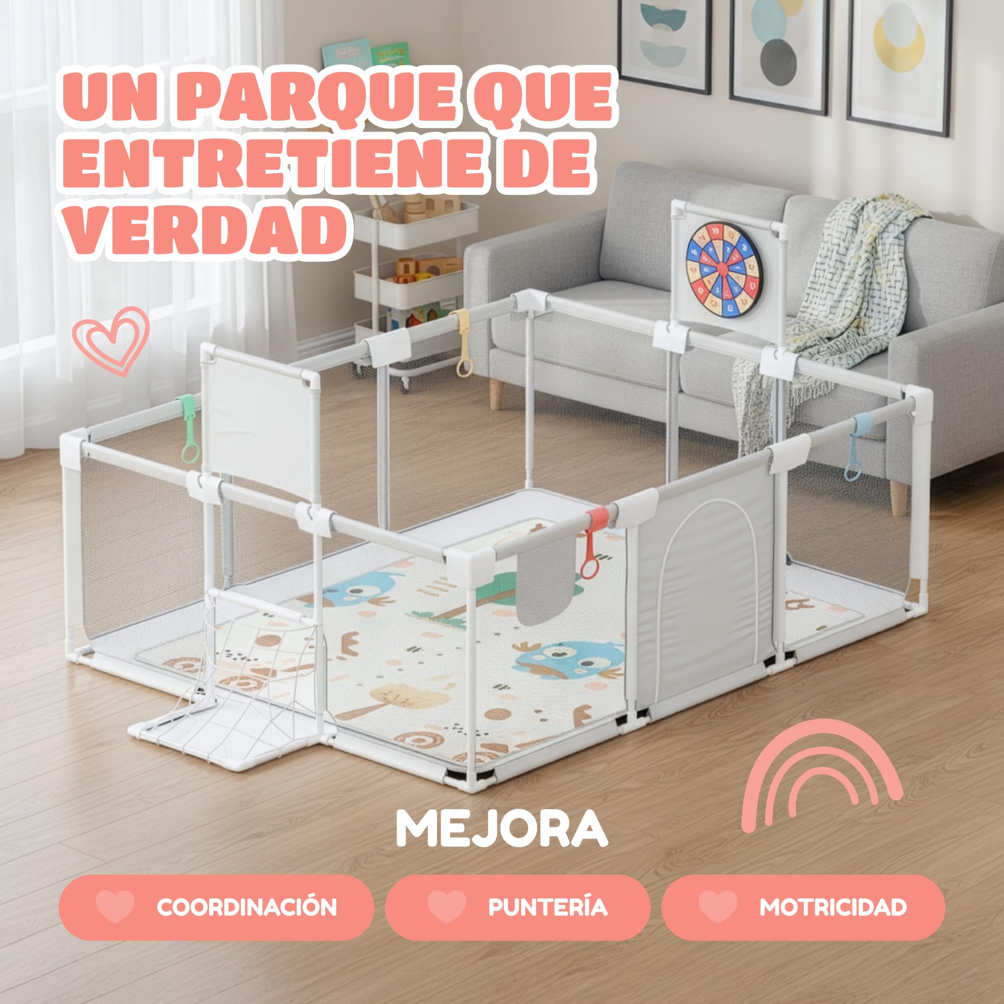 Parque Infantil Bebe 120x180cm - Corralito Bebe Acolchado - Equipado con alfombra musical, Diana de Velcro, Canasta, Portería y más accesorios - Parque para Bebes Seguro - Ver video para el montaje