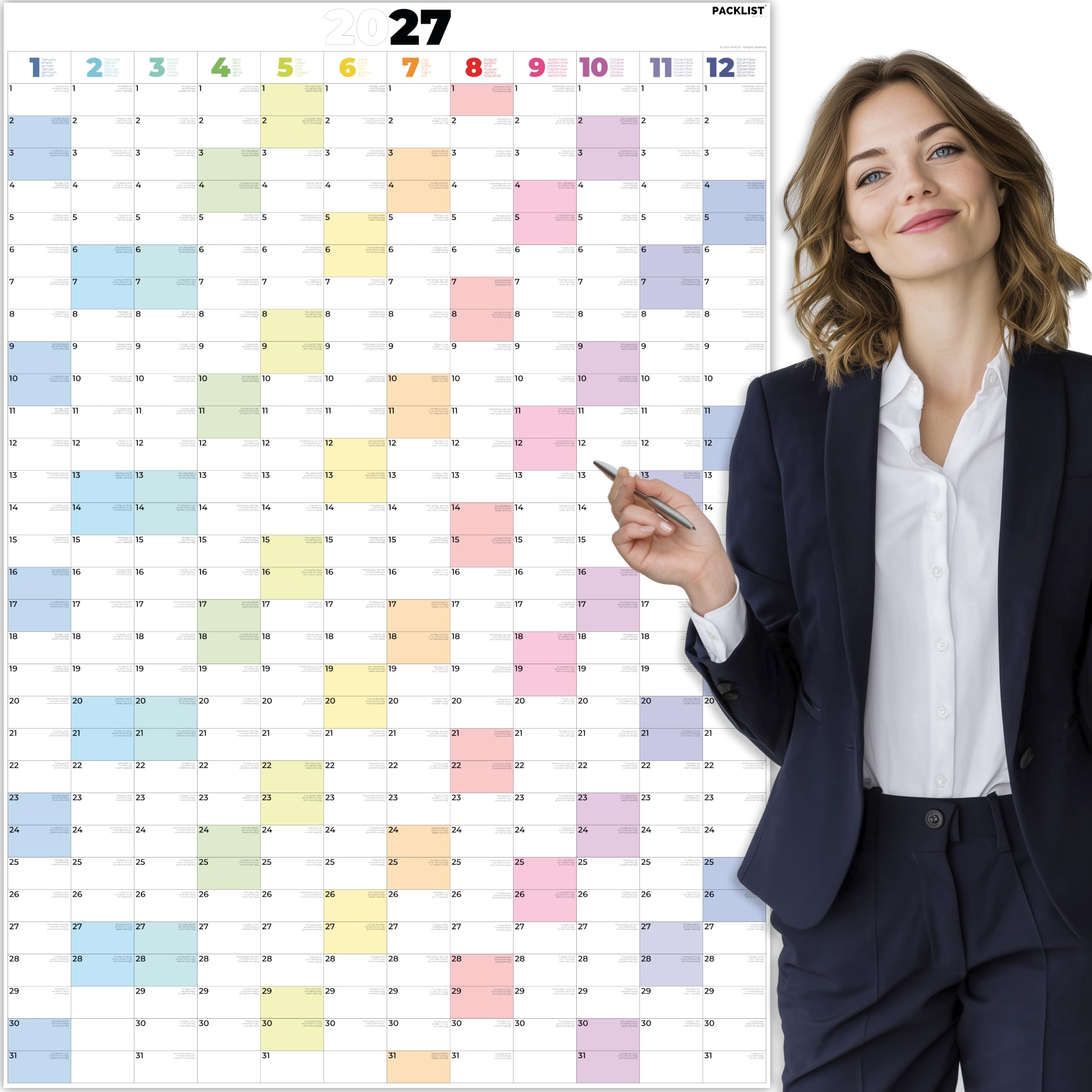 PACKLIST® 2027 Vertical Wall Planner Large A1 (33.1x23.4 in) – 12 Month Portrait Annual Calendar Poster (Jan-Dec 2027) – 160 GSM Thick Paper Year at a Glance Chart for Office, Home, School & Staff