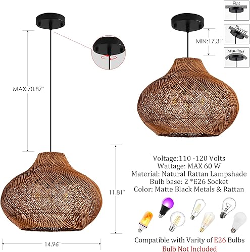 Miniatura 2 de Lámpara colgante de ratán marrón oscuro de 2 luces, luz colgante redonda rústica de 14.96 pulgadas, lámpara colgante de mimbre de curry tejida a
