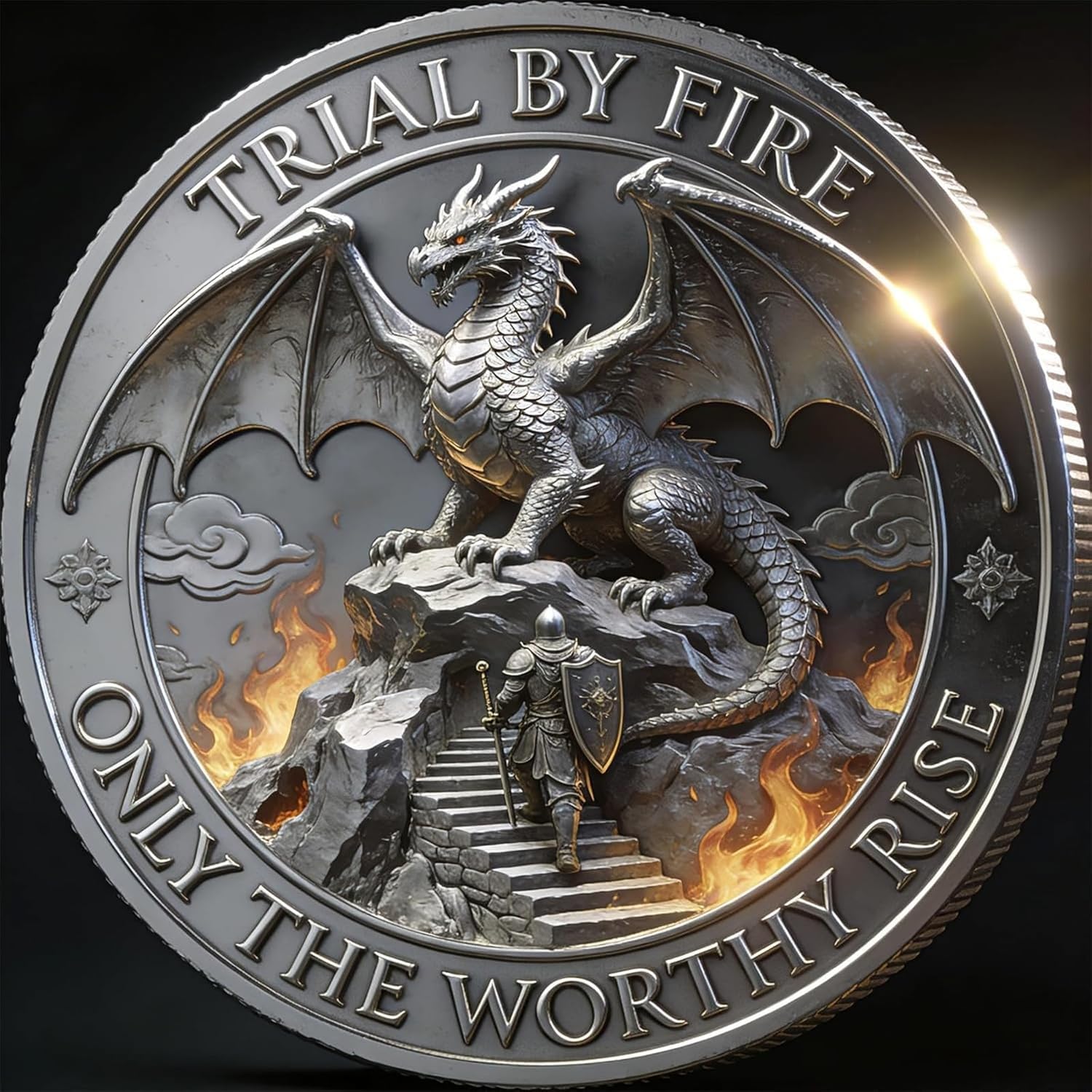 Trial by Fire Dragon Ascension Commemorative Coin, Fantasy Dragon Shield & Sword Challenge Coin, Double Sided Metal Collectible, Mythical Dragon Gift for RPG, Gamers & Fantasy Fans (5PCS)