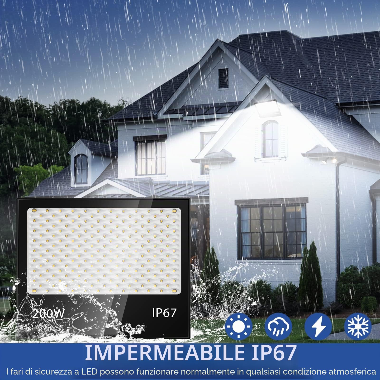 200W Faretto LED da Esterno, 20000LM 7000K Faretti LED,IP67 Impermeabile Super Luminoso Bianco Freddo Luce di Sicurezza per Casa, Cortile, Giardino, Palestra, Garage