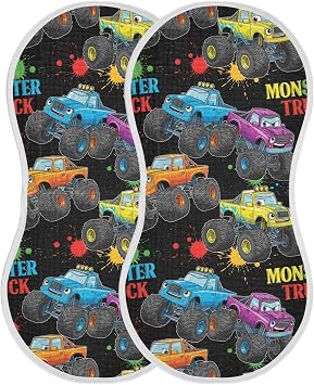 2 Pack Muslin Burp Cloths Monster Truck Black Cotton Baby Burp Cloths Absorbent Soft Burping Cloth Washcloths for Baby Boys Girls, Large 22" x 11"